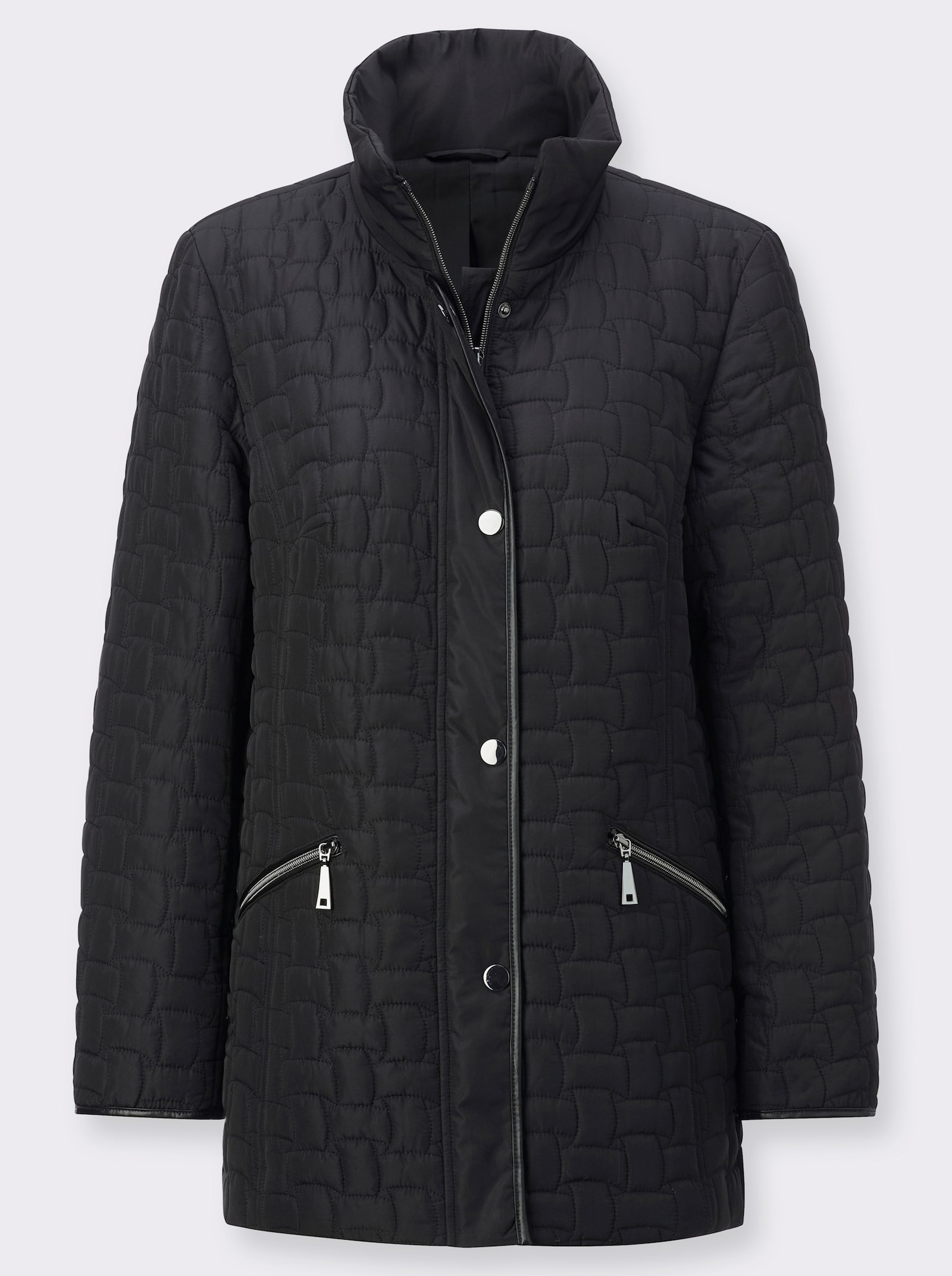 Gewatteerde jas met paspels van imitatieleer - zwart