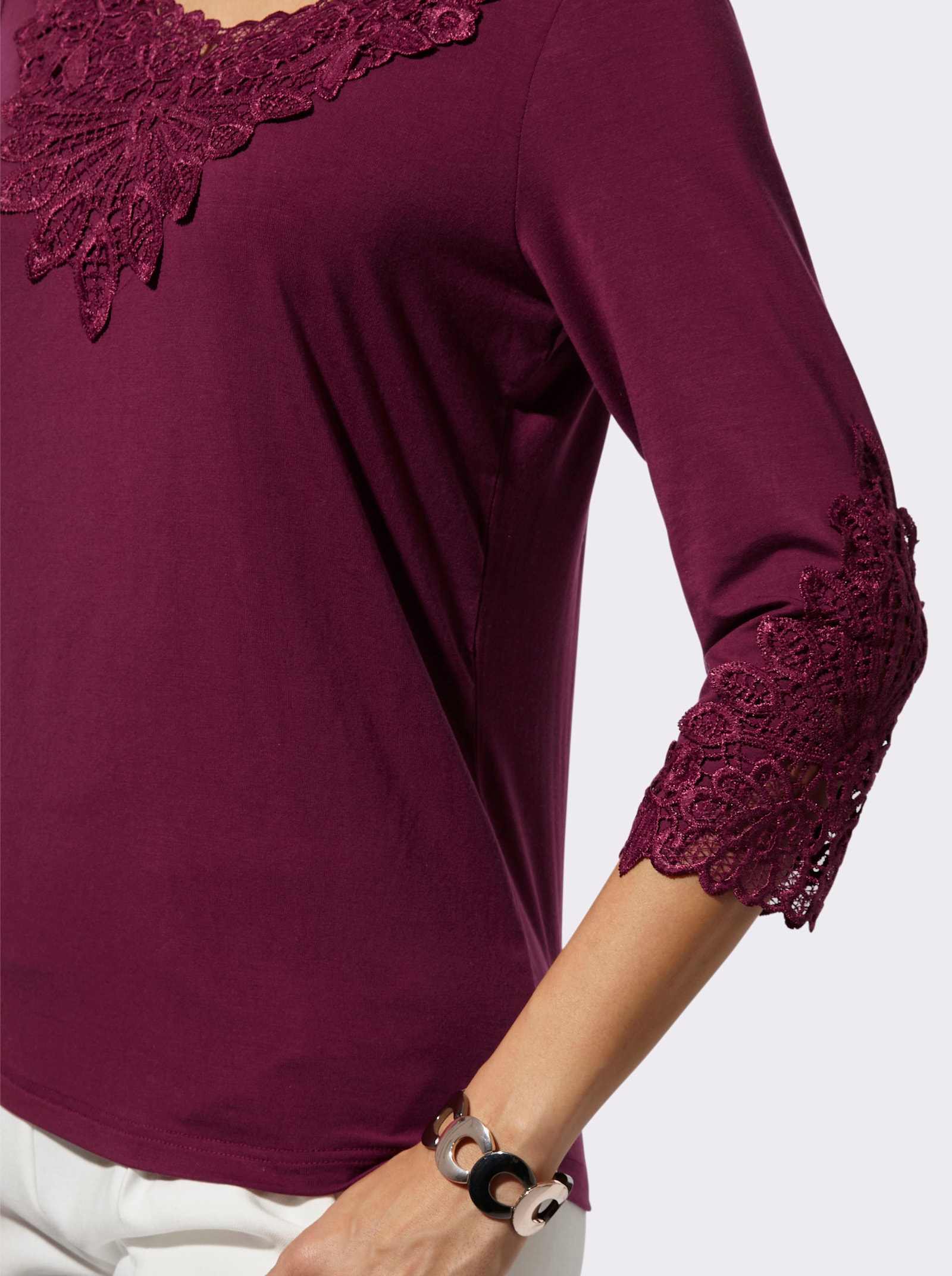 3/4-Arm-Shirt mit Spitzen-Akzenten - bordeaux