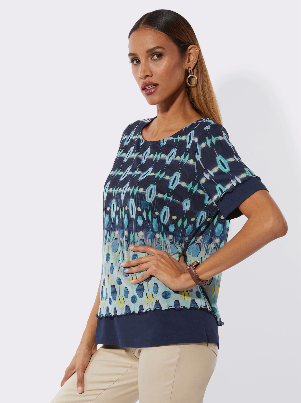 Rundhalsshirt - marine-hellblau-bedruckt