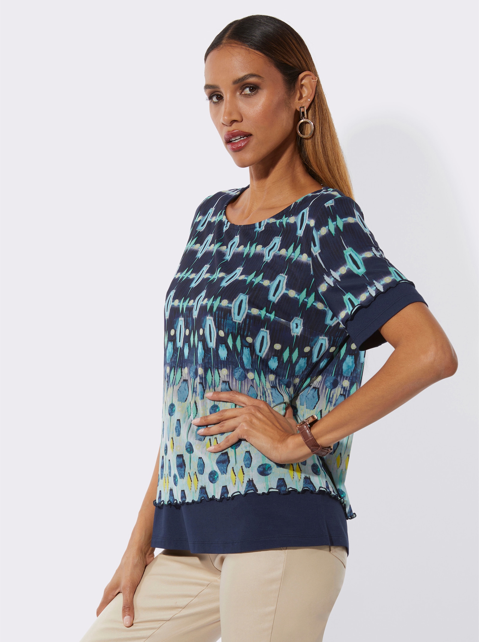 Rundhalsshirt im Lagenlook - marine-hellblau-bedruckt