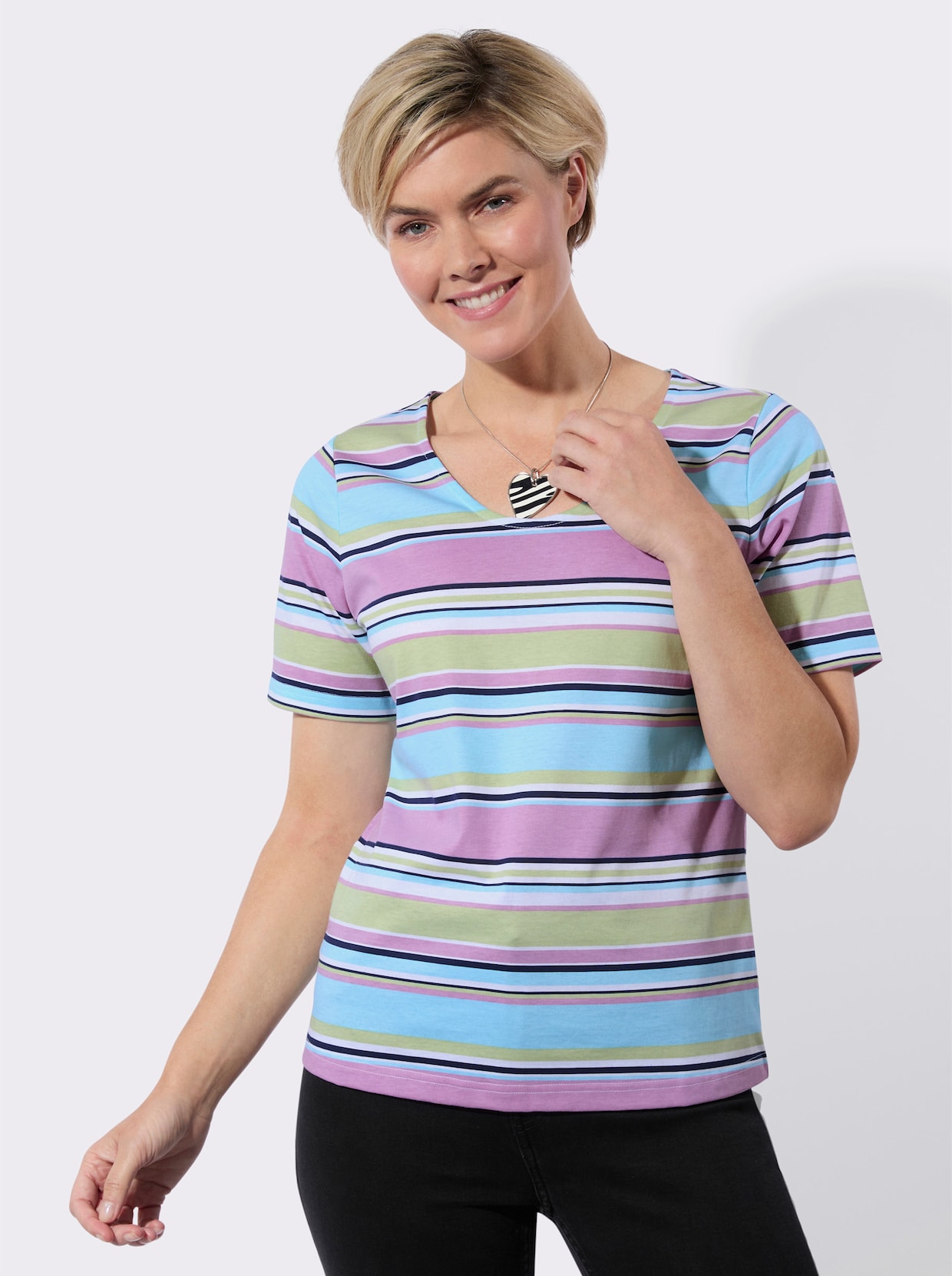 V-Shirt - weiß-aquamarin-geringelt