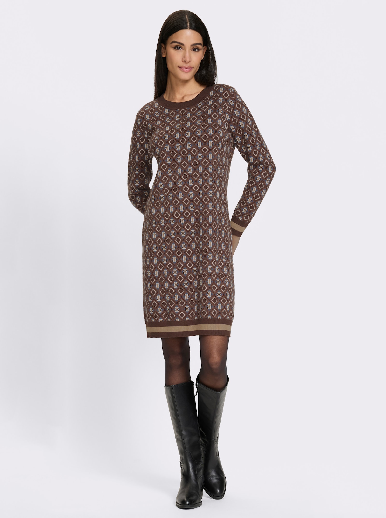 heine Strickkleid Mit Rauten-Dessin - schoko-rauchblau-gemustert