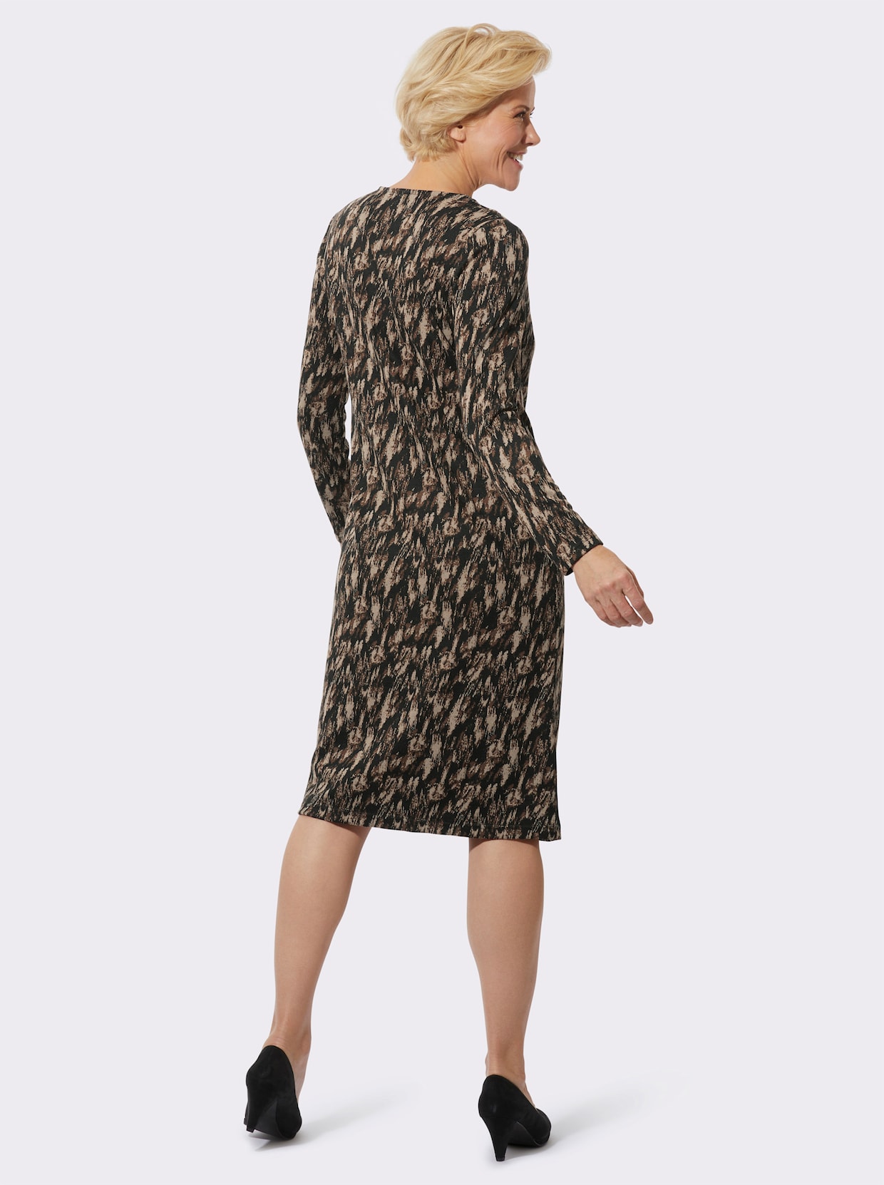 Jersey jurk - zwart/bruin gedessineerd