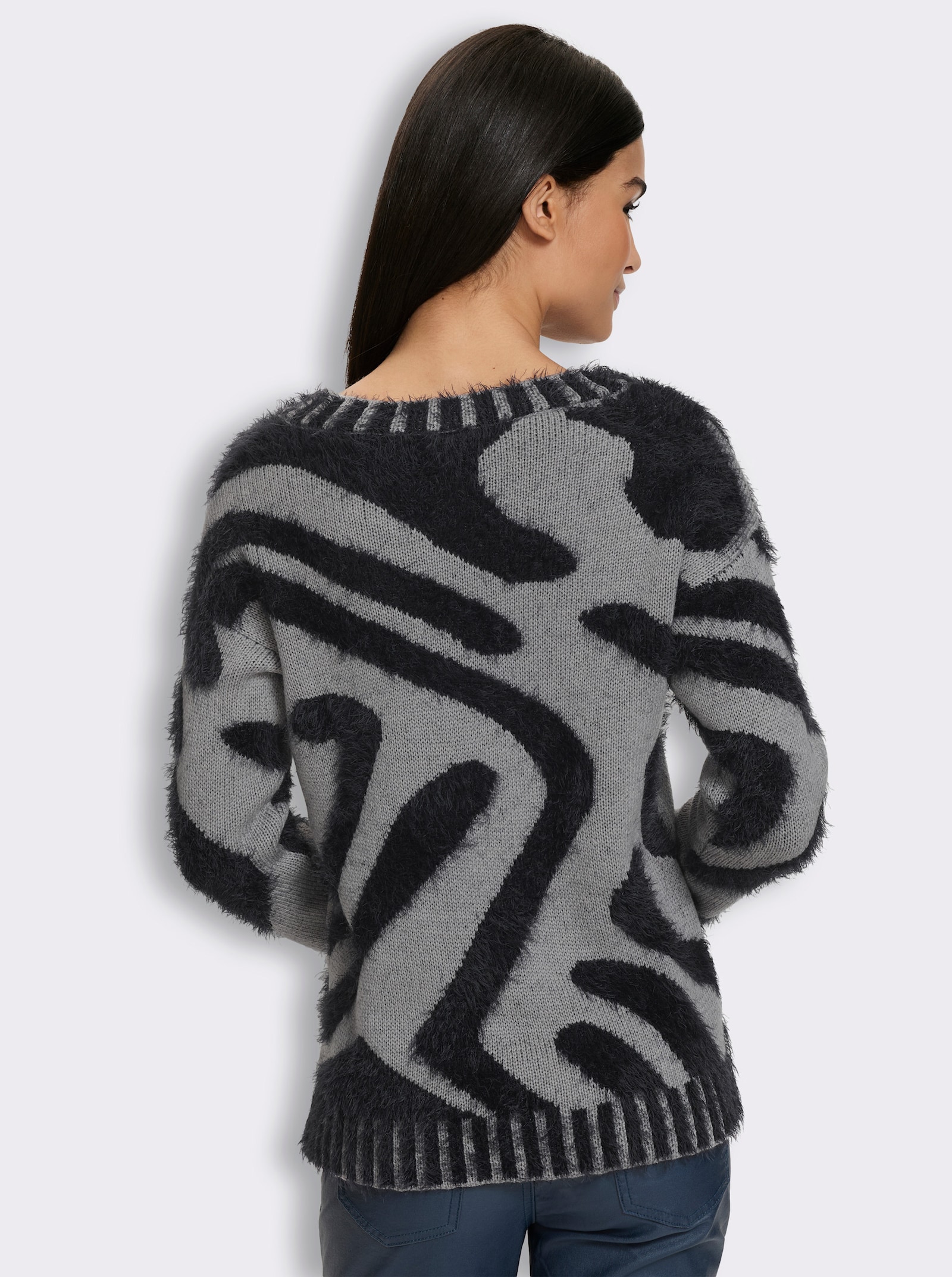 heine Jacquard-Pullover mit U-Boot-Ausschnitt - steingrau-schwarz-gemustert