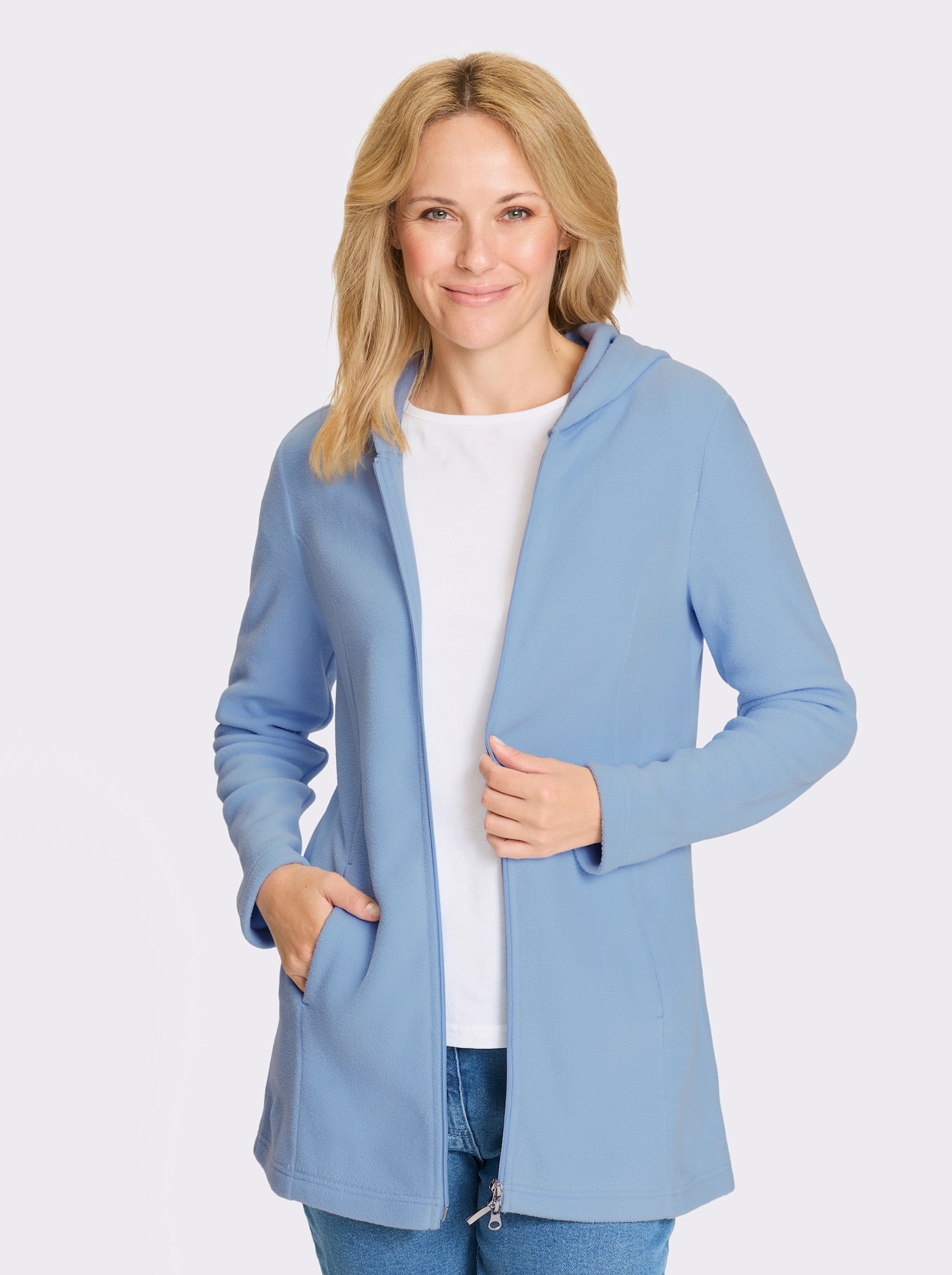 Dlhá flaušová bunda - ľadová modrá