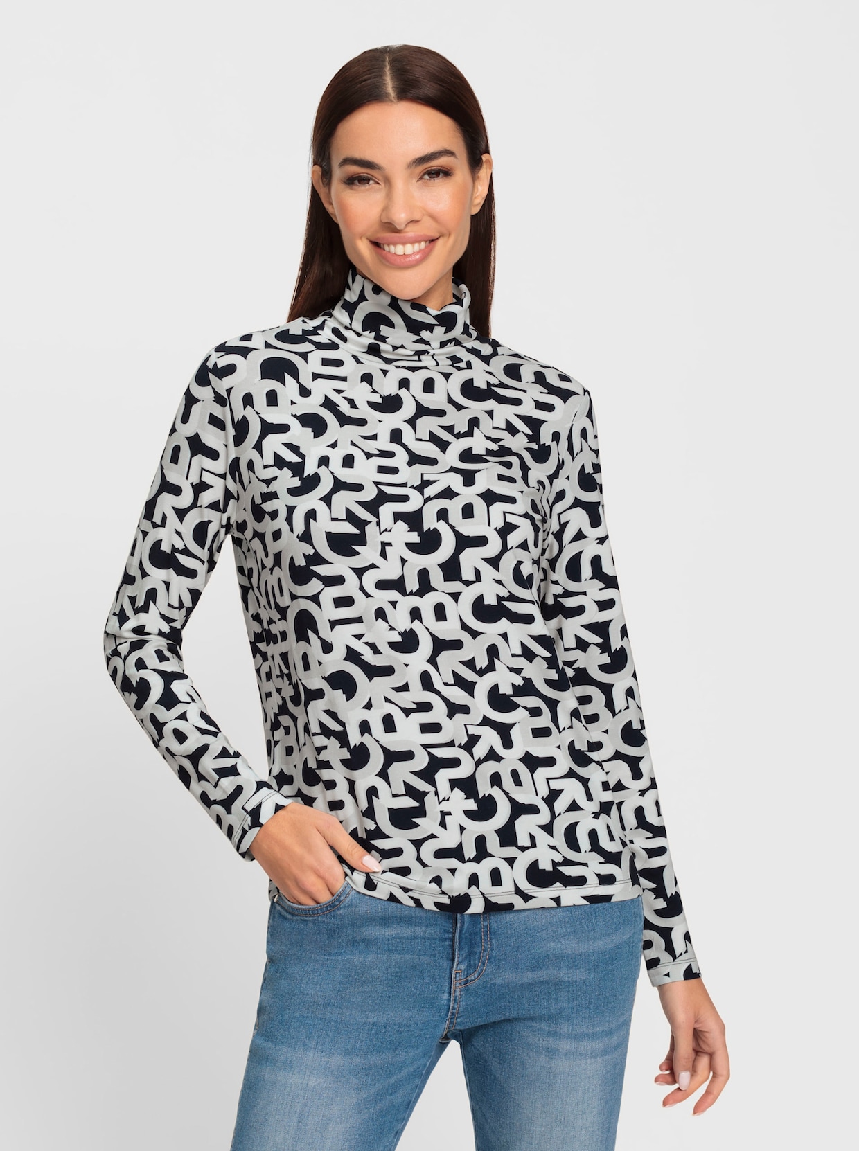 heine Shirt met rolkraag - marine/ecru geprint