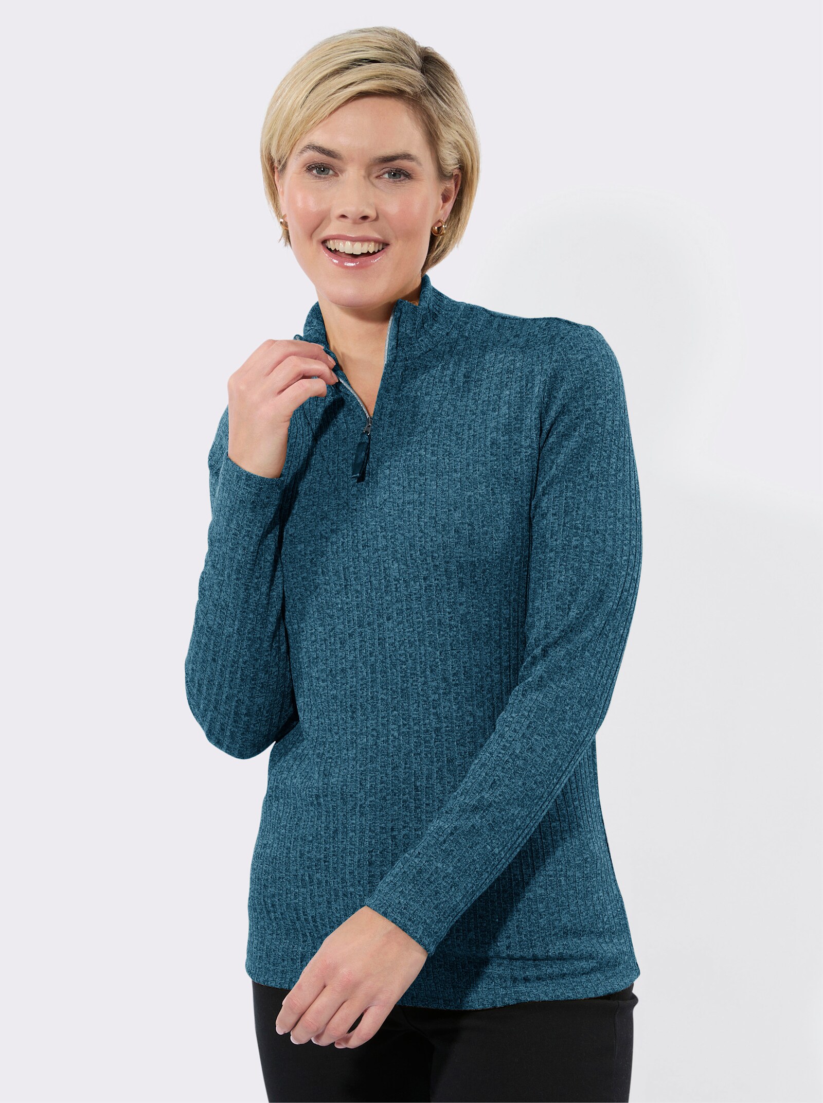 Rippshirt mit Troyerkragen - aquapetrol-meliert