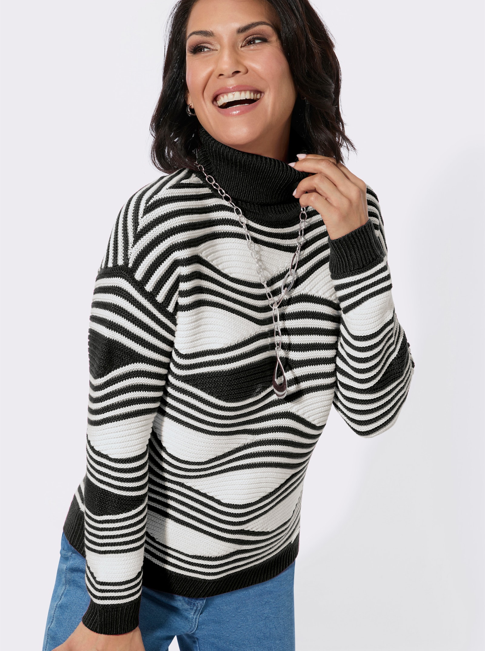 Rollkragenpullover mit Intarsienmuster - schwarz-ecru-gemustert