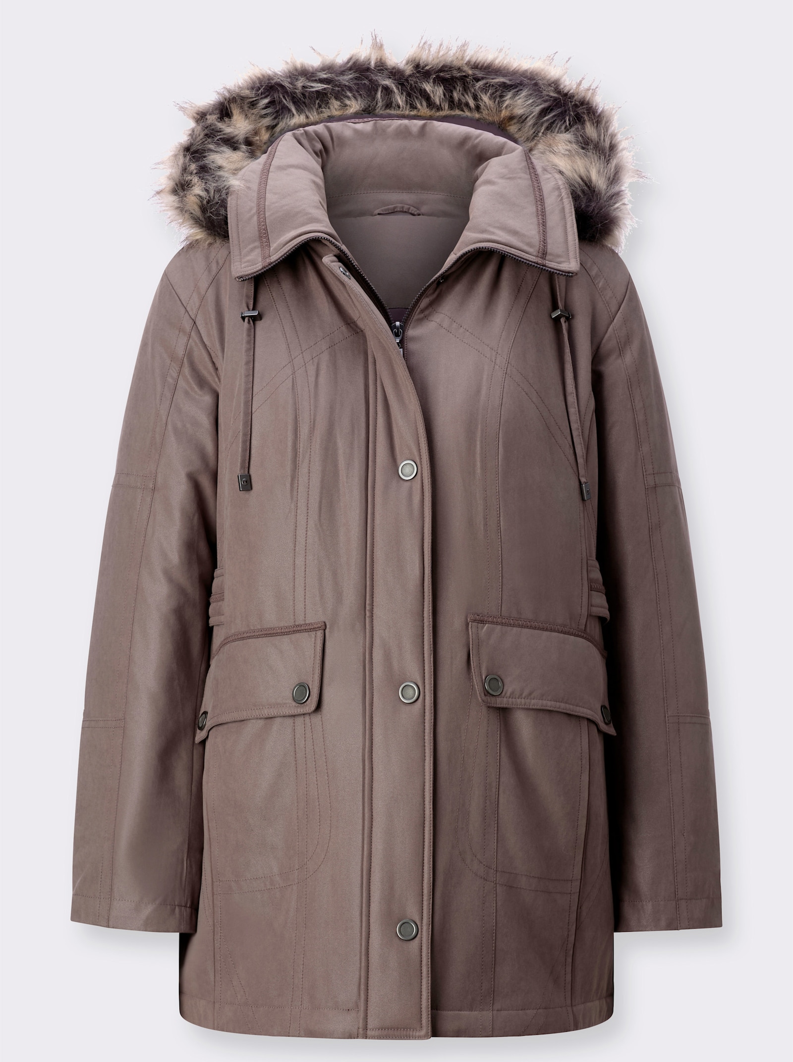 Jacke mit Pelz-Imitat-Besatz - dunkeltaupe