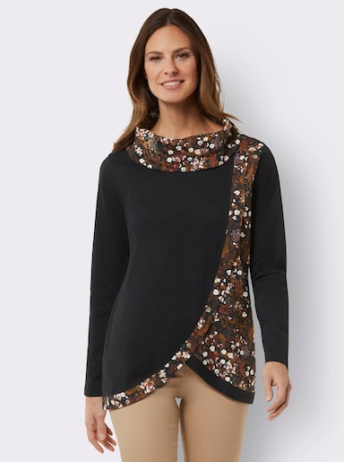 Longshirt in überlappender Optik - schwarz-bedruckt