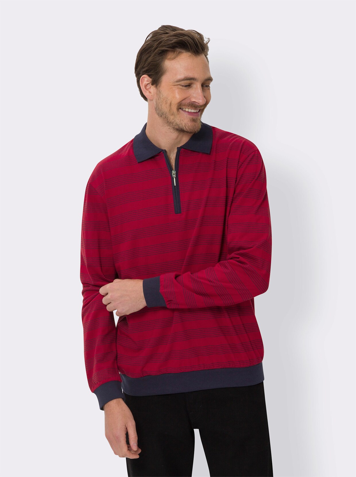 Poloshirt met lange mouwen - kersenrood/marine gestreept