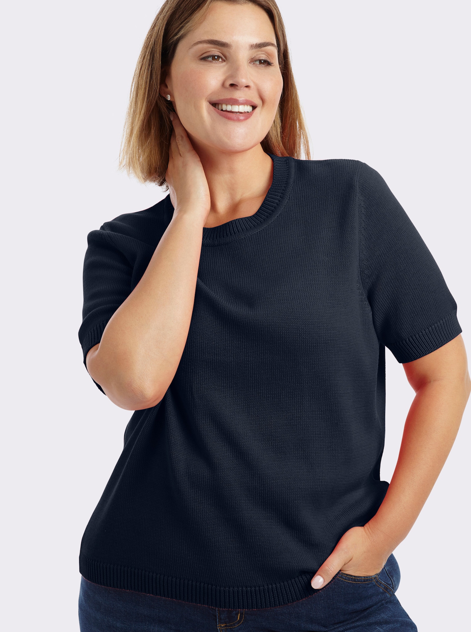 Kurzarmpullover mit Rippabschlüssen - marine