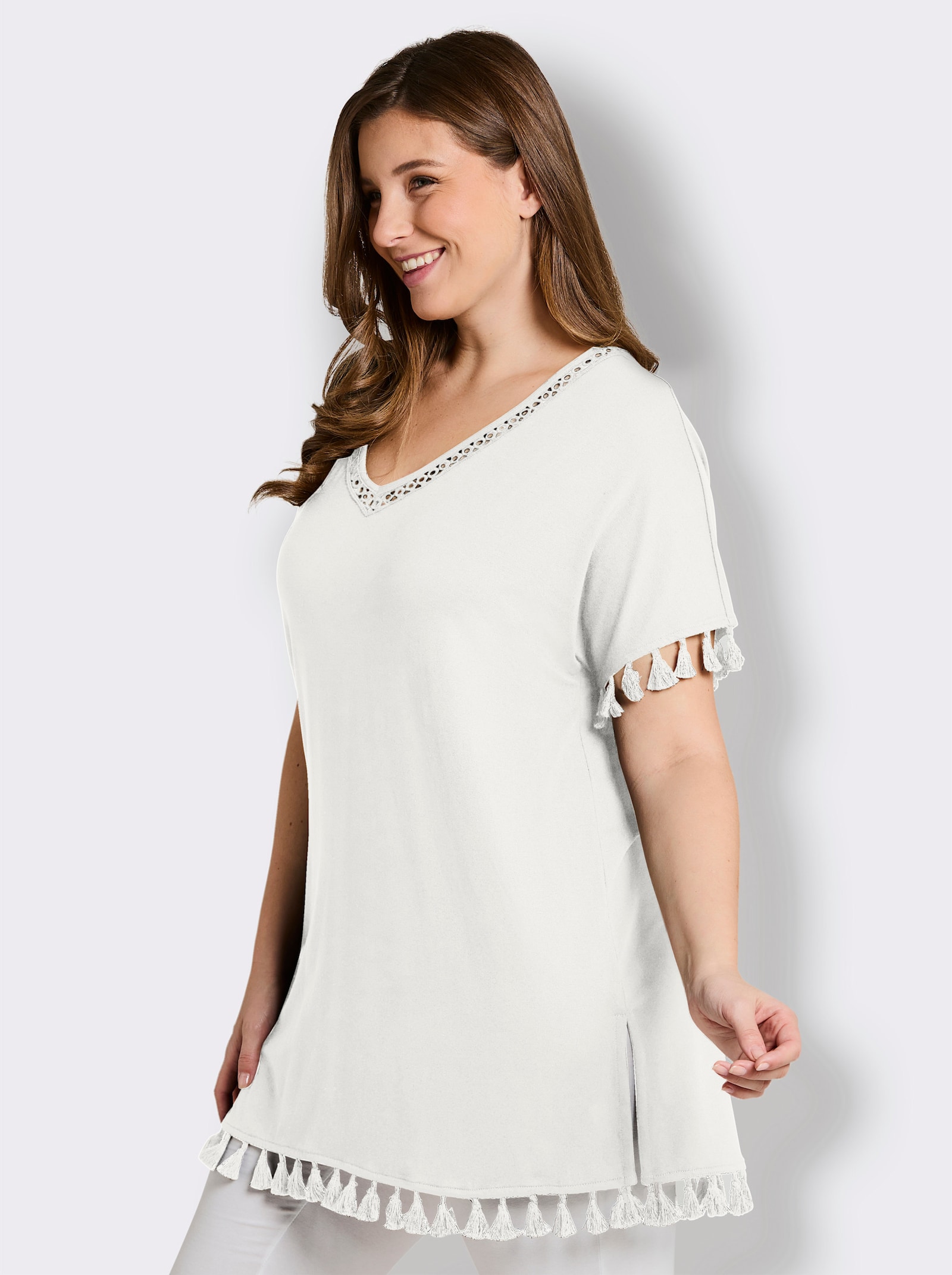 sheego Longshirt mit Quasten - ecru