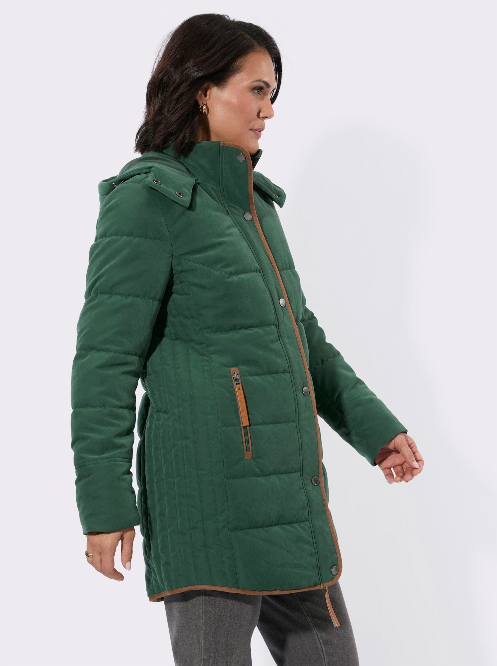 Longjacke mit Stehkragen und Kapuze - moos