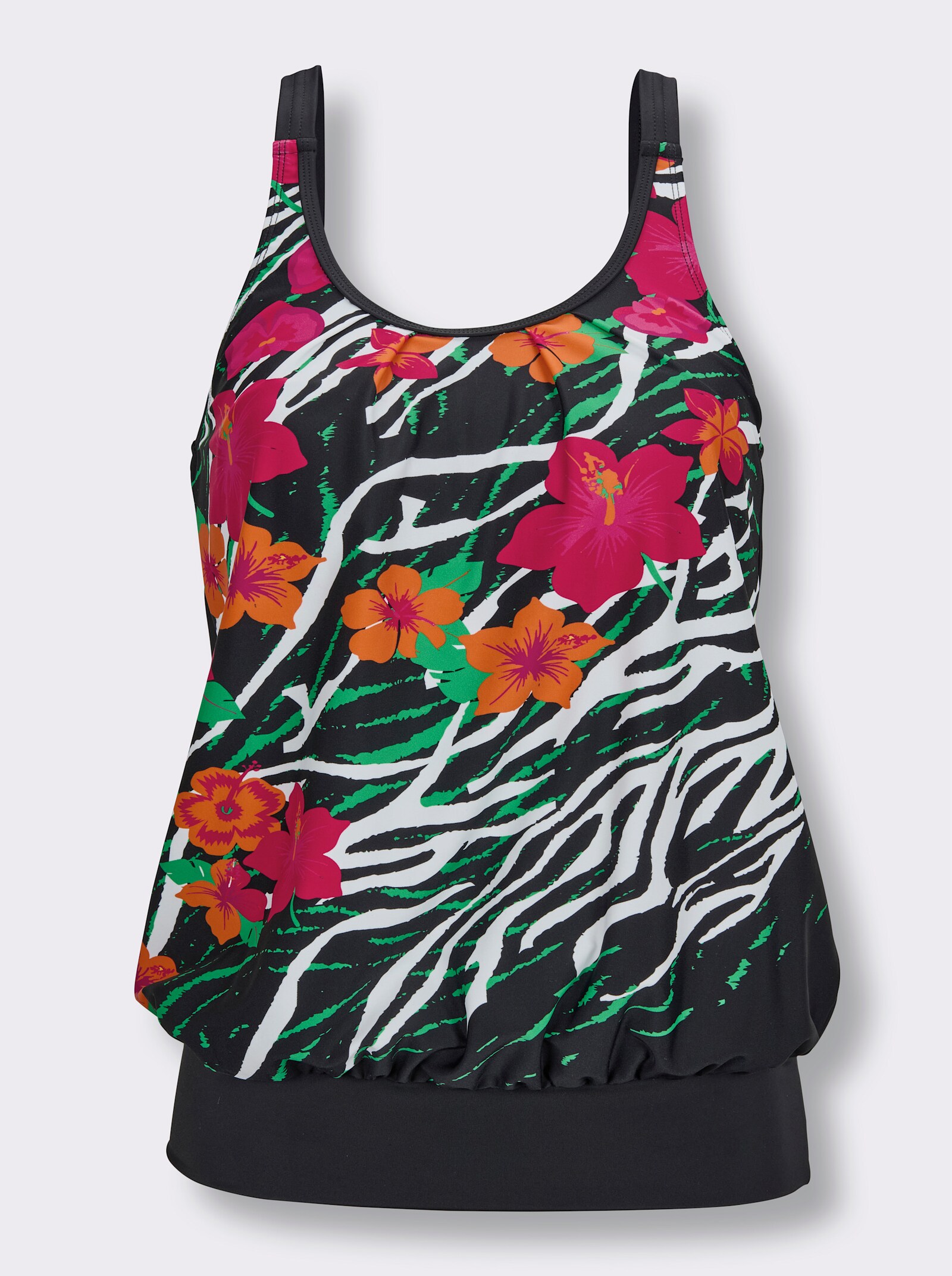 feel good Tankini-Oberteil mit Elastikbund in der Taille - schwarz-fuchsia-bedruckt