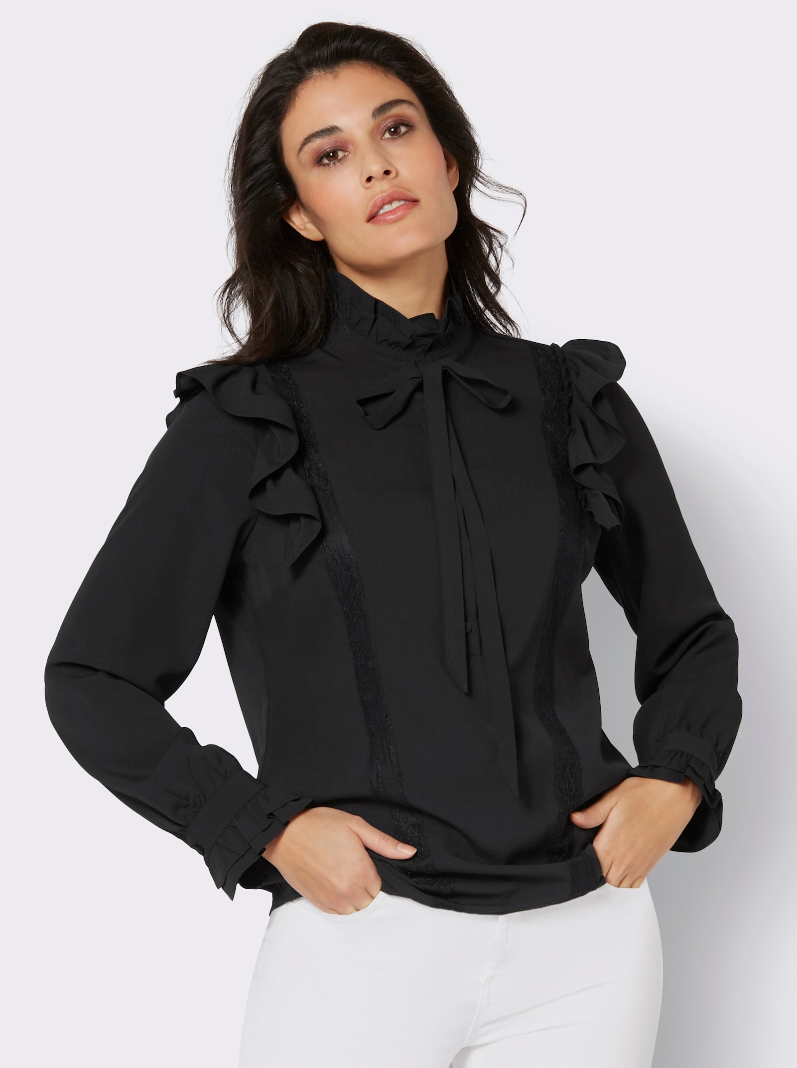 Crêpeblouse met ruches aan de opstaande kraag - zwart