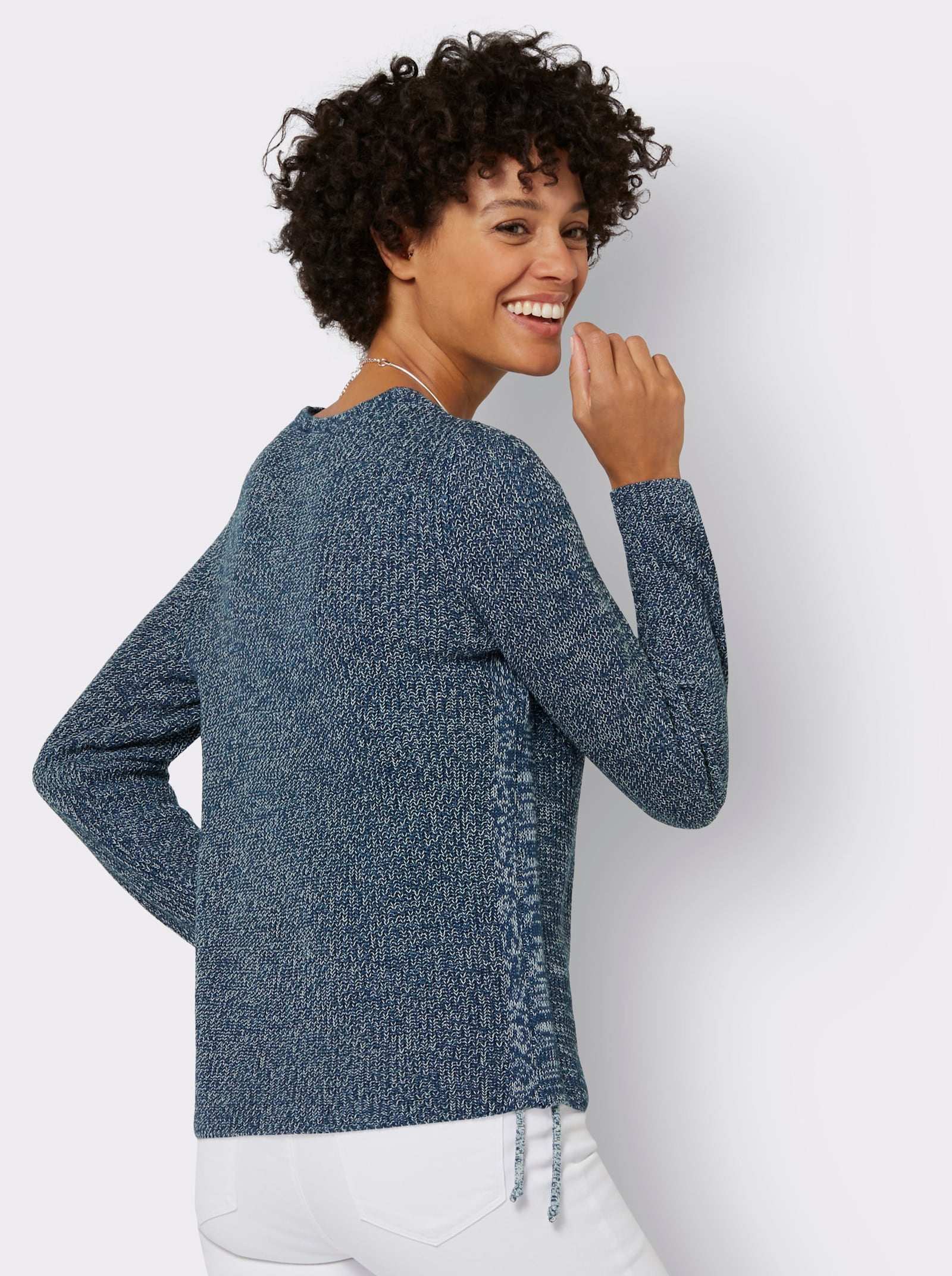 Rundhalspullover mit Kordeldurchzug am Saum - dunkelblau-ecru-meliert