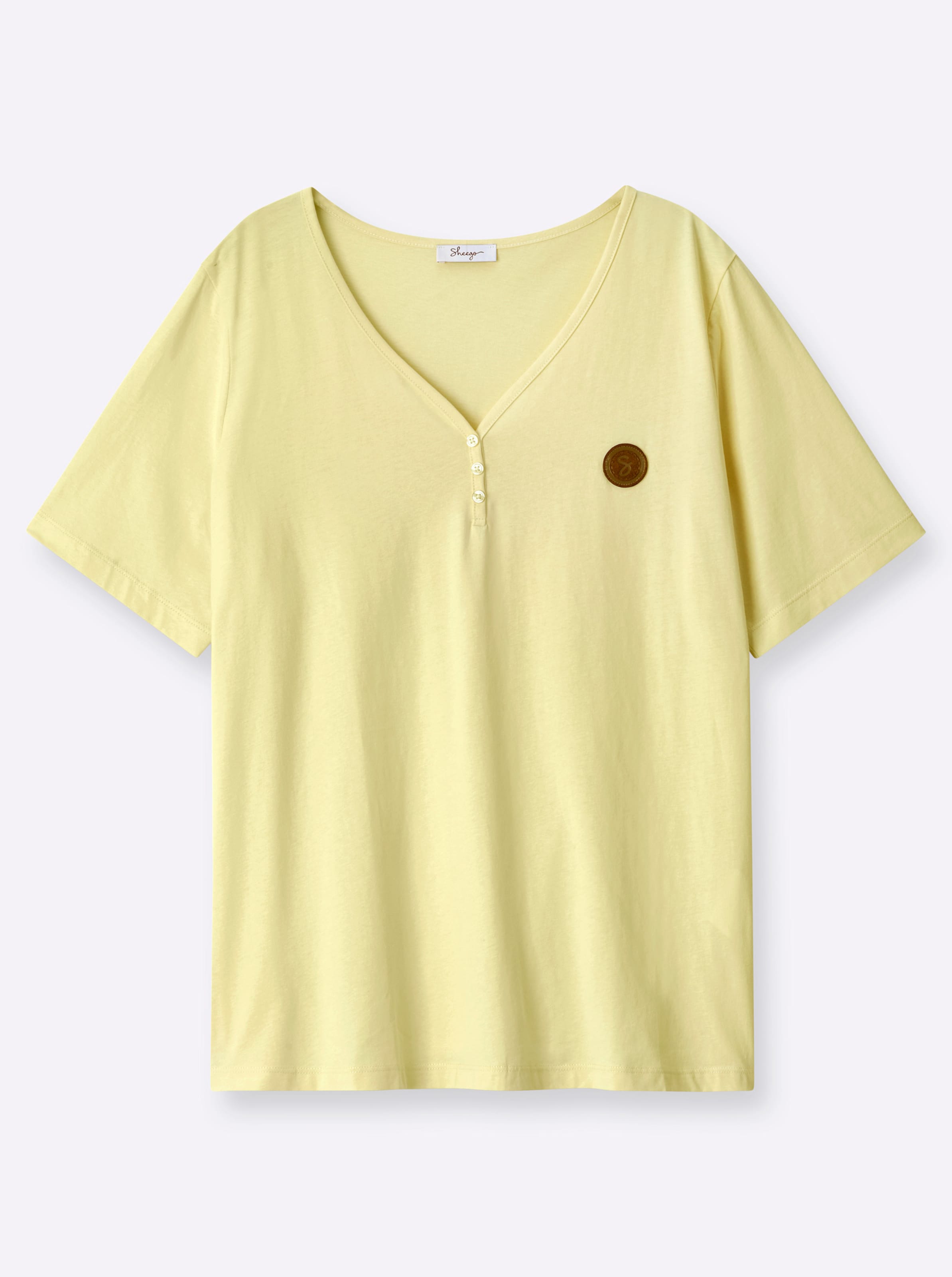 Sheego Damen Gelb V-Shirt "Kurzarm-Shirt", Gr. 44/46, (Zitrone), 100% Baumwolle, Unifarben, V-Ausschnitt, Shirts - Bild 3