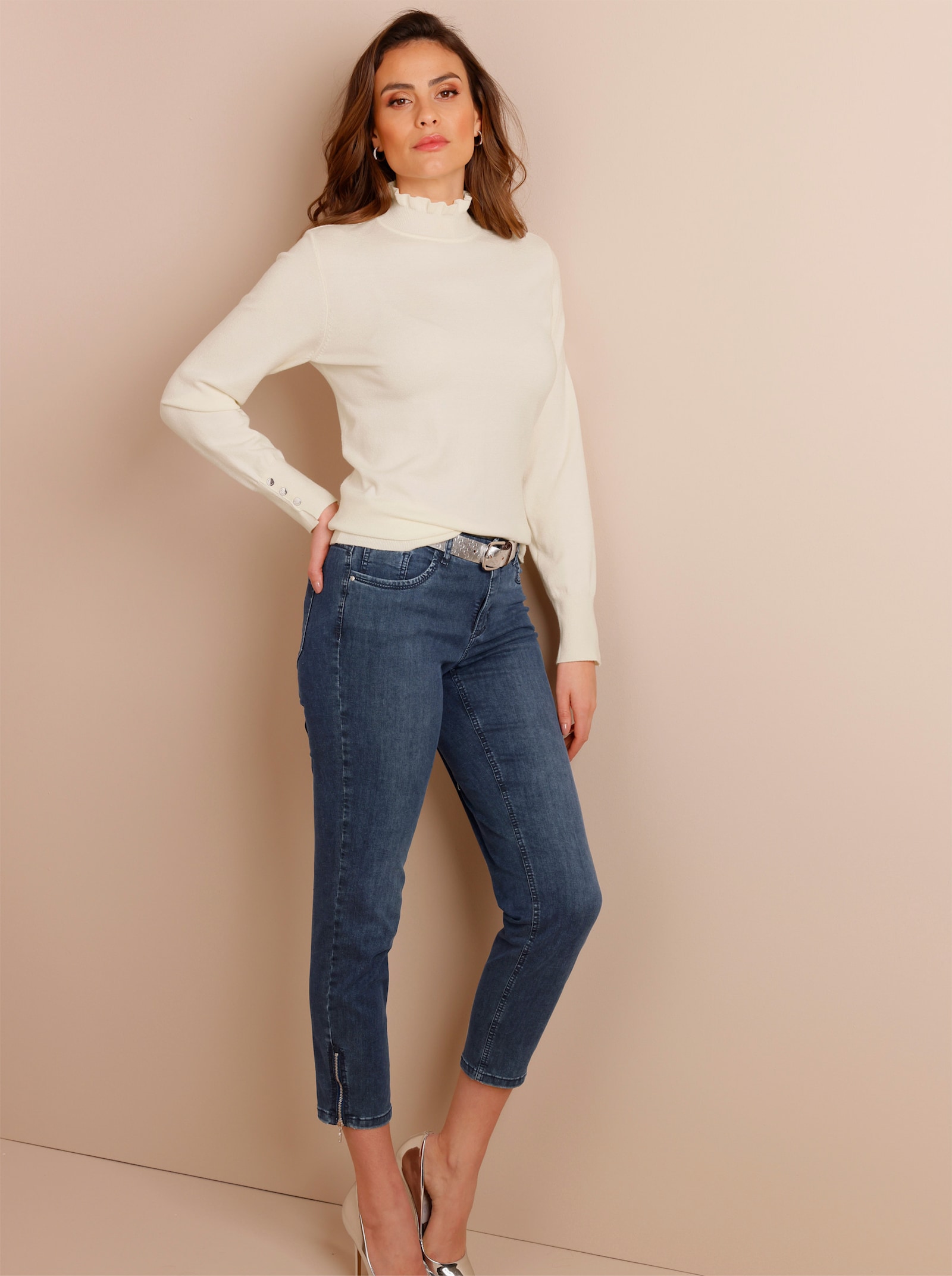 CREATION L PREMIUM Stehkragenpullover mit Rüschenverzierung - champagner