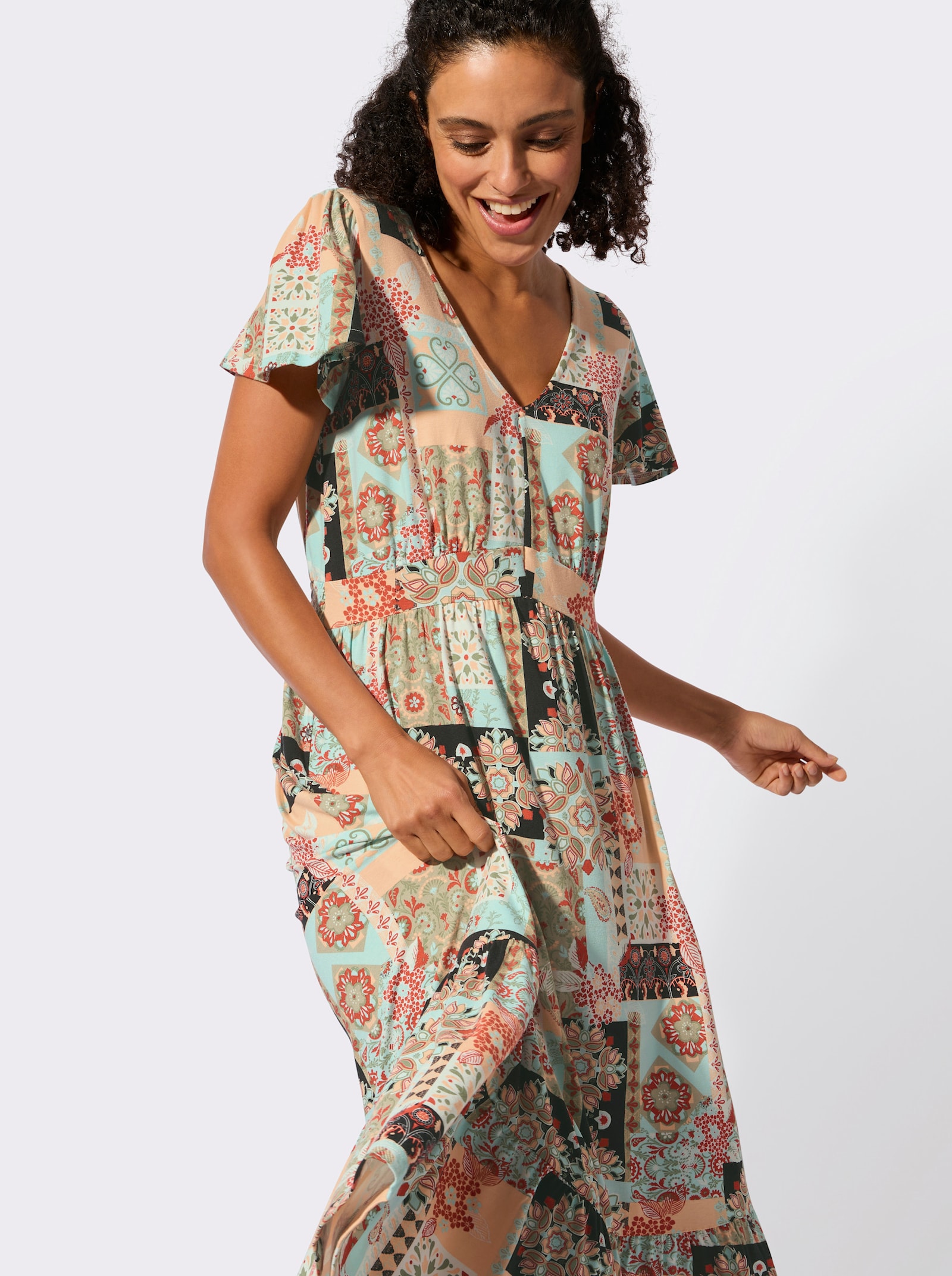 Jerseykleid mit Volants am Saum - mint-apricot-bedruckt