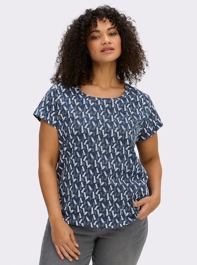 Rundhalsshirt mit Flammgarn-Struktur - dunkelblau-ecru-bedruckt