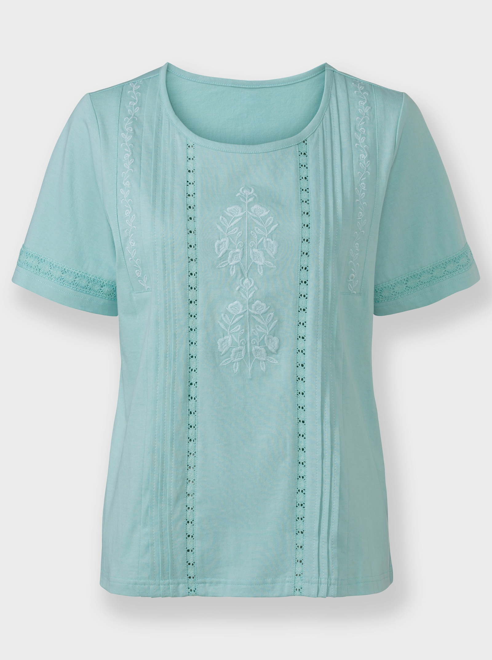 Kurzarmshirt mit Stickerei und Biesen - mint