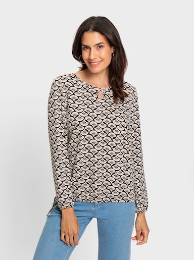 Print-Shirt mit Gummibündchen - schwarz-camel-bedruckt