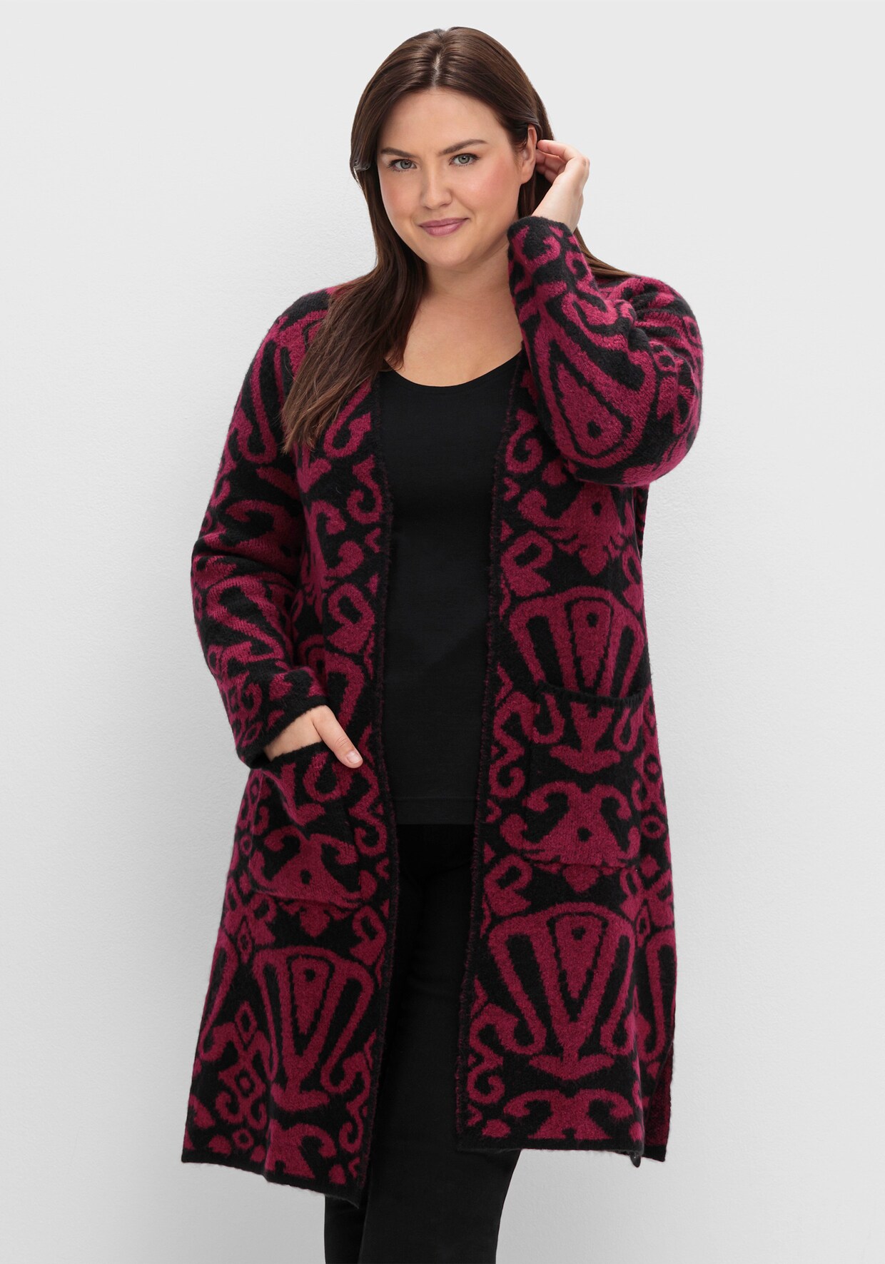 sheego by Joe Browns Lang gebreid vest - zwart gedessineerd