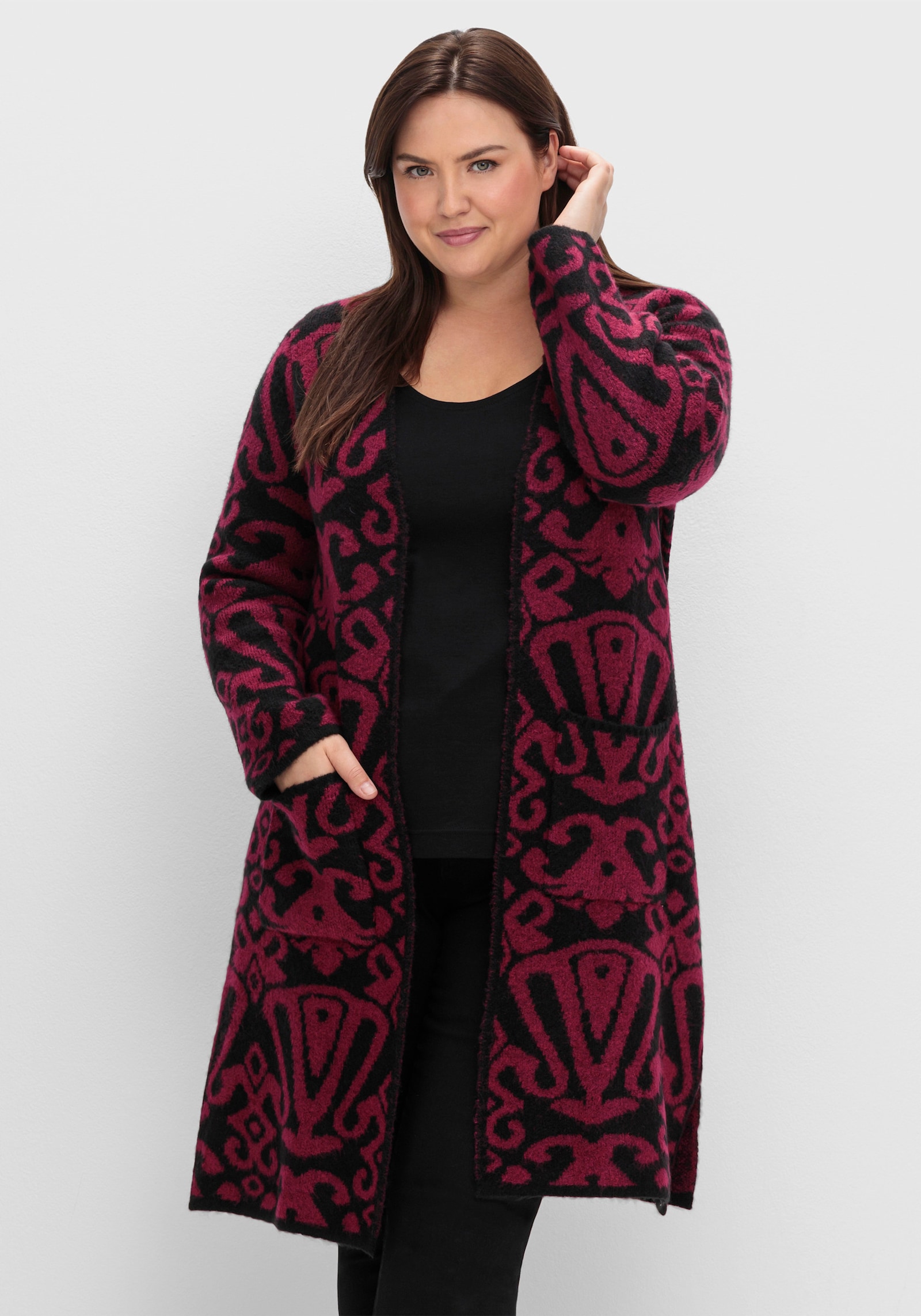sheego by Joe Browns Veste en tricot longue avec motif jacquard - noir à motifs