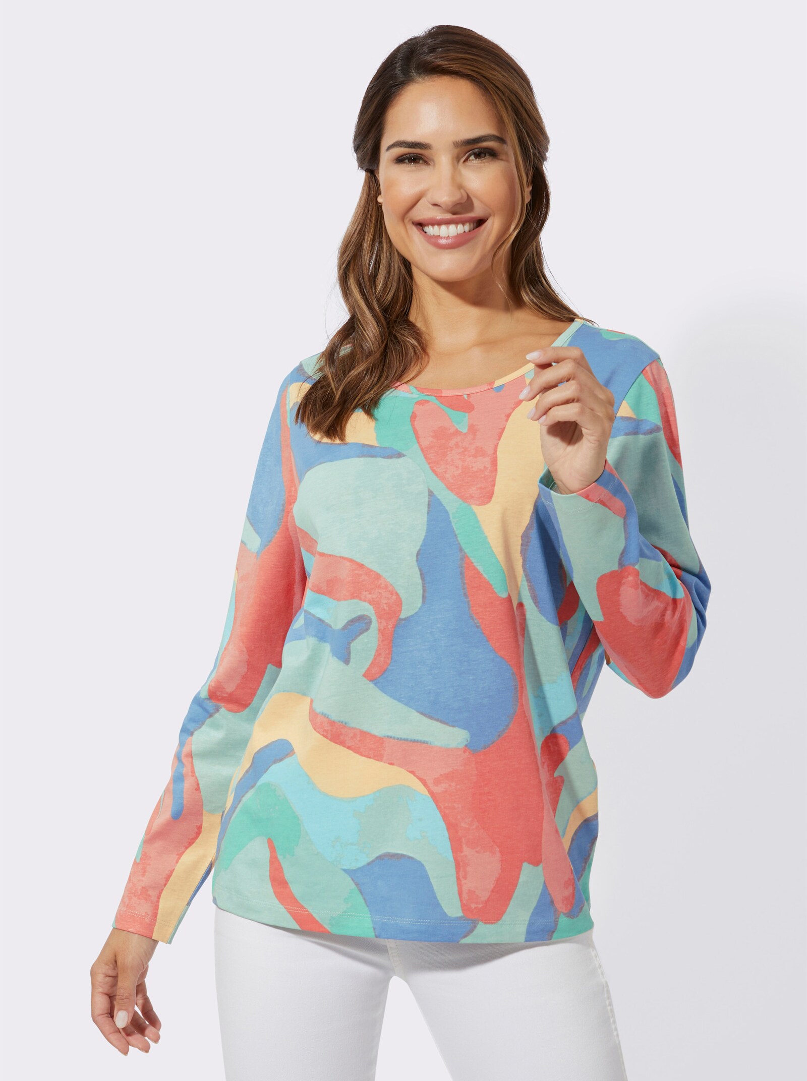 Shirt met lange mouwen in kleurrijk dessin - middenblauw/kalkmint bedrukt