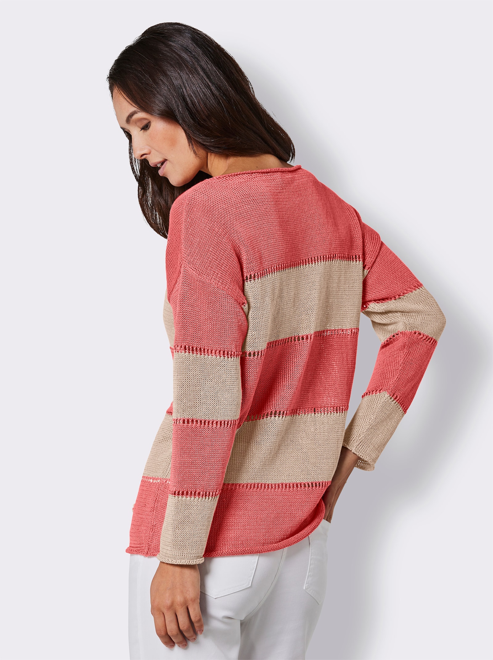 CREATION L PREMIUM Rundhalspullover aus reinem Leinen - beige-grapefruit-geringelt