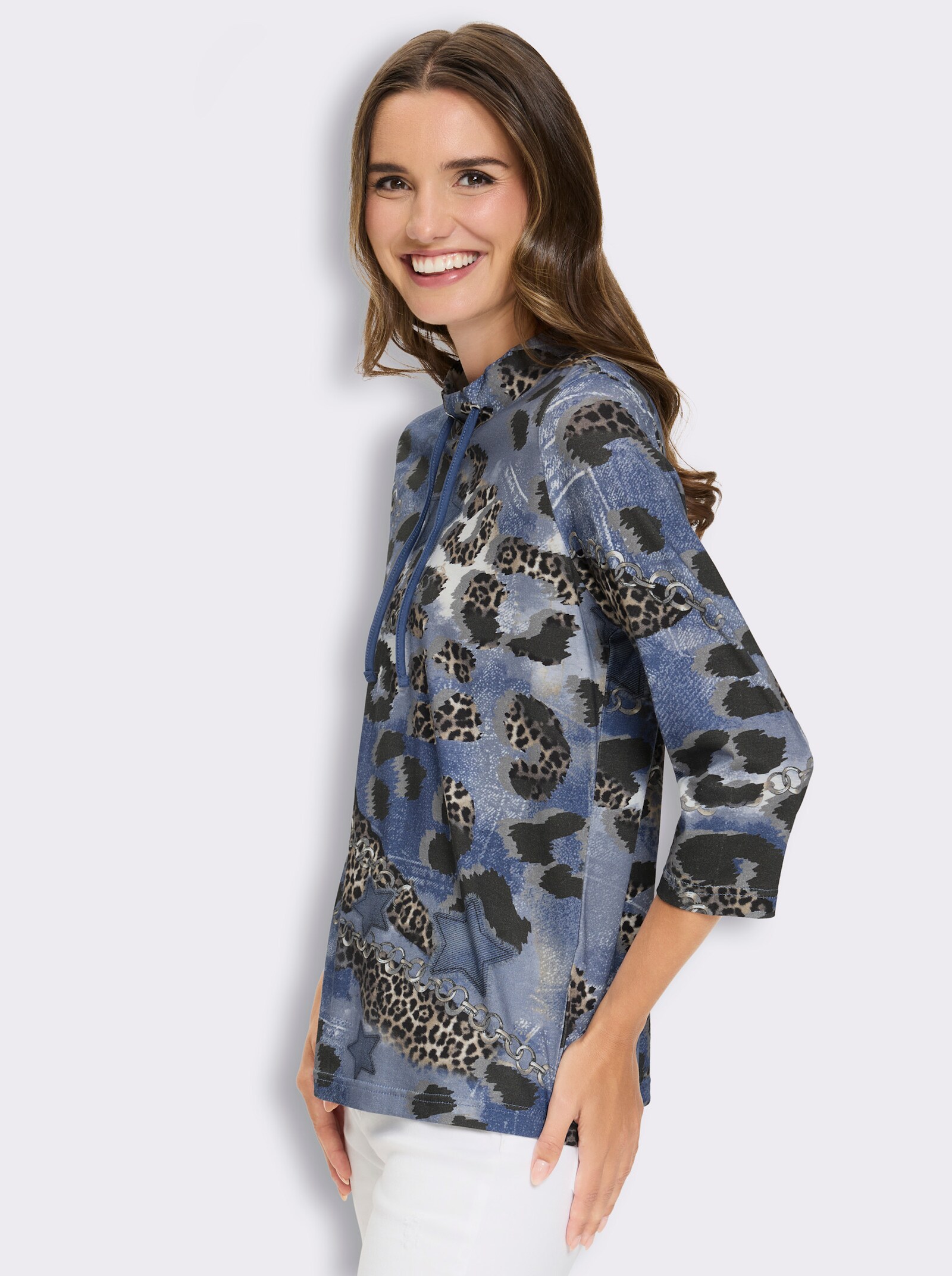 Stehkragenshirt aus reiner Baumwolle - jeansblau-schwarz-bedruckt