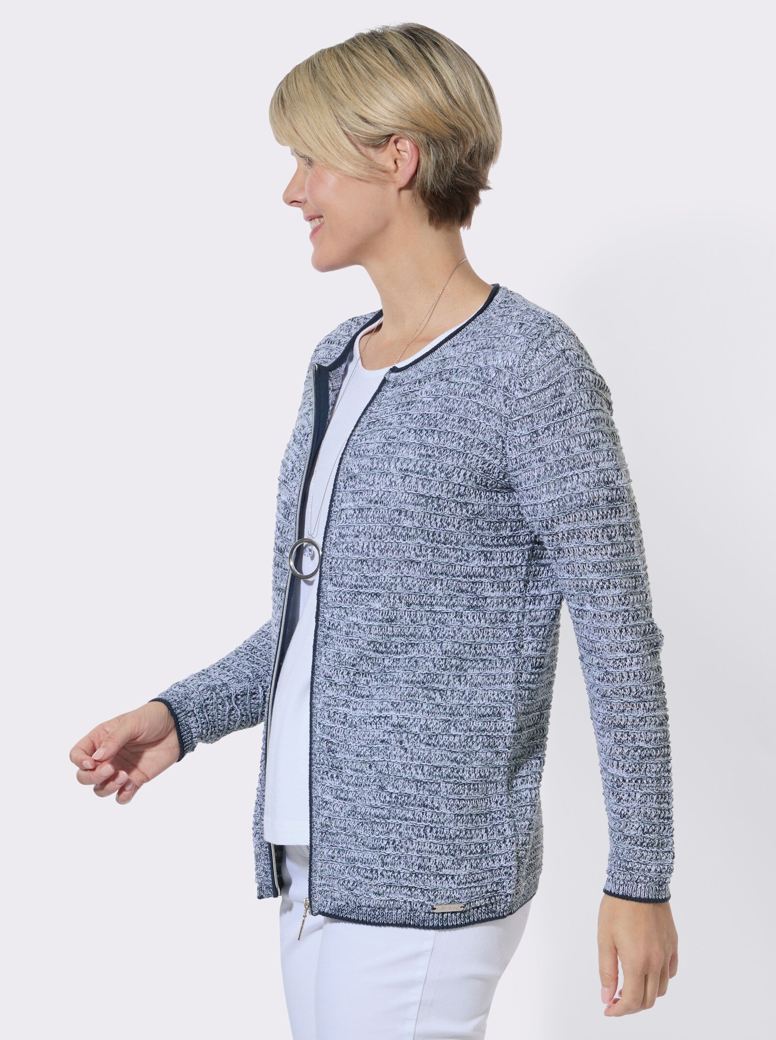 Strickjacke im Ajourmuster - jeansblau-meliert