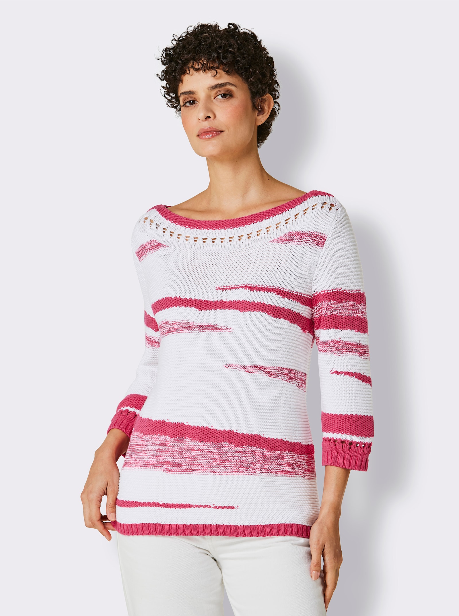 3/4 Arm-Pullover mit Lochmuster - weiss-pink-gemustert