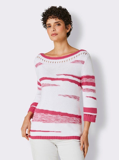 3/4 Arm-Pullover mit Lochmuster - weiß-pink-gemustert