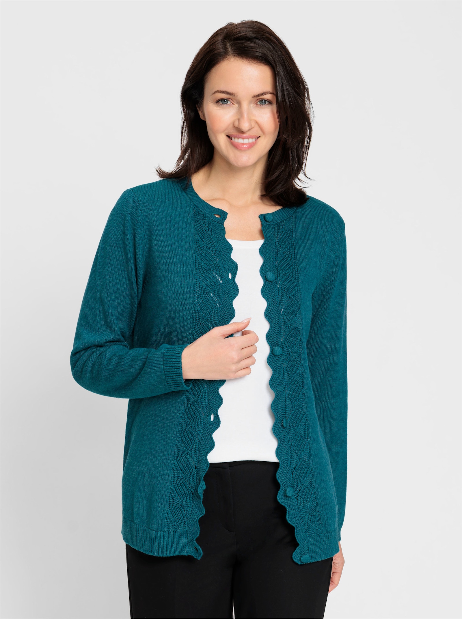 Strickjacke mit gebogter Knopfleiste - aquapetrol-meliert