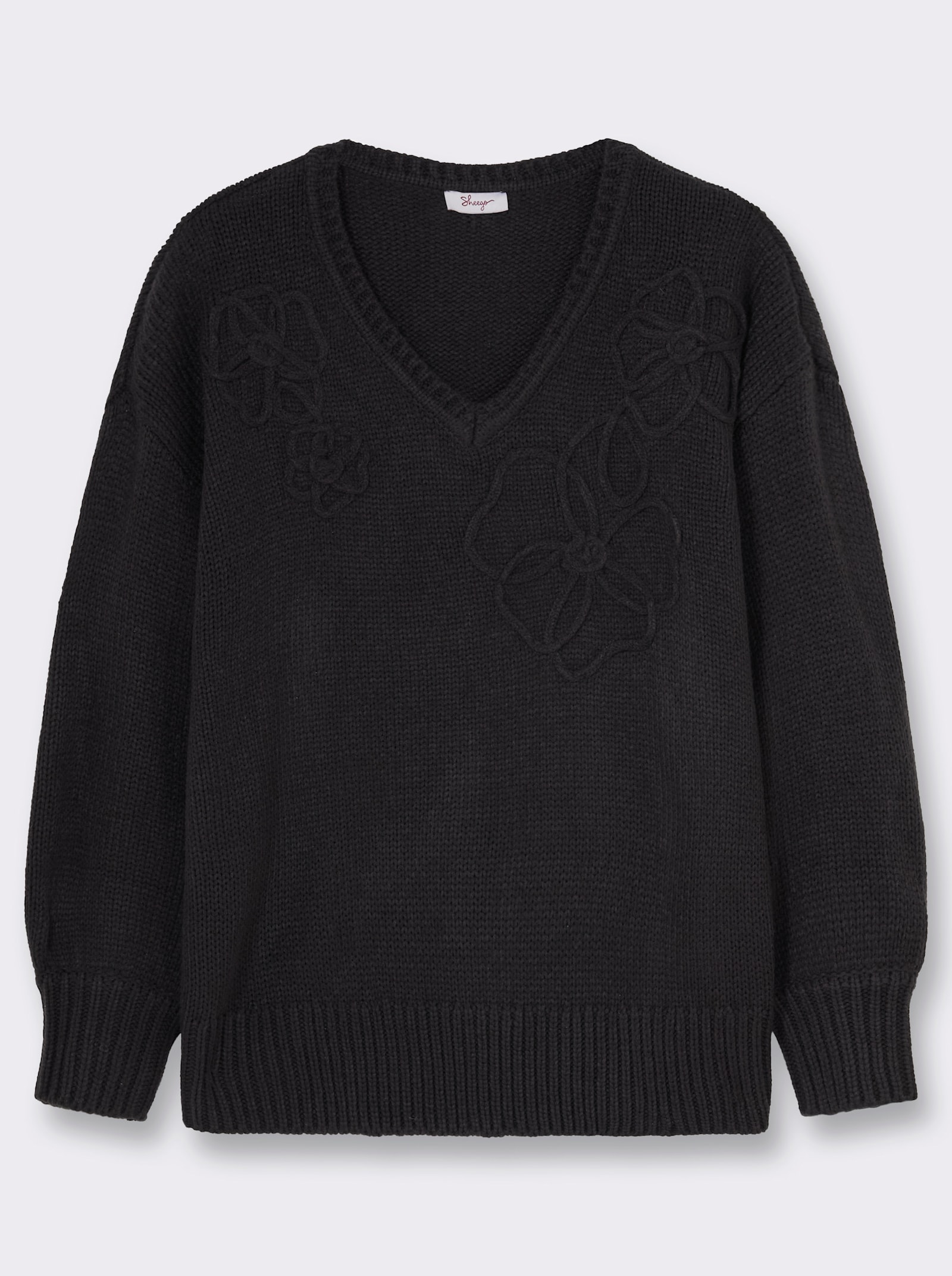 sheego V-Ausschnitt-Pullover mit Blumen-Kordelstickereien - schwarz