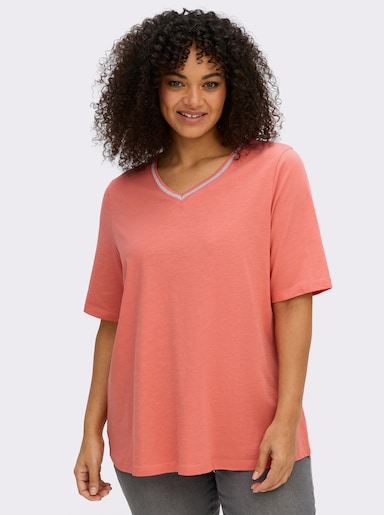 sheego V-Shirt mit Glitzergarn-Streifen - koralle