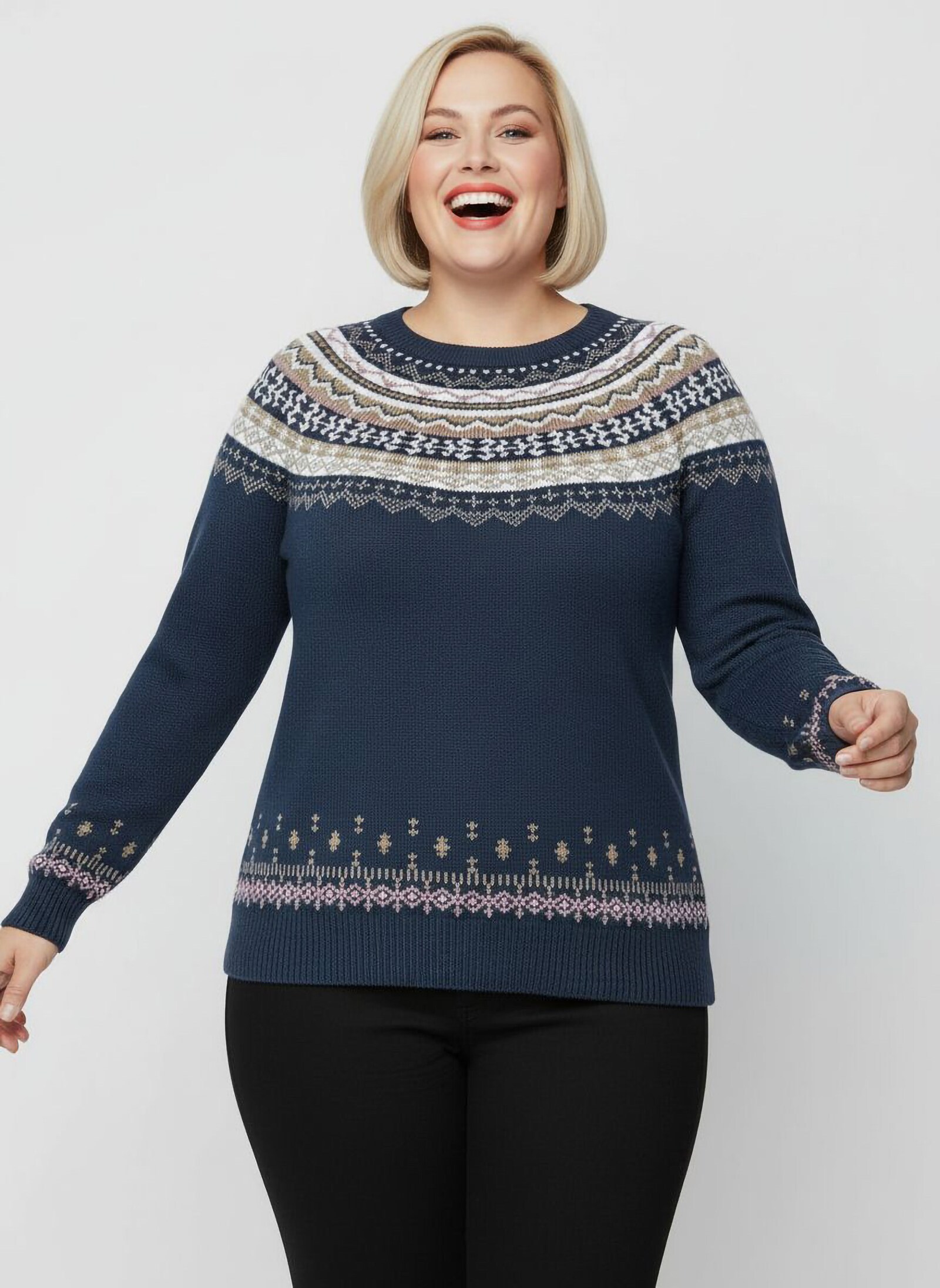 Norwegerpullover mit Raglan-Ärmeln - marine-ecru-gemustert