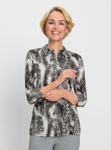 Poloshirt im Kontrast-Druck - schwarz-ecru-bedruckt