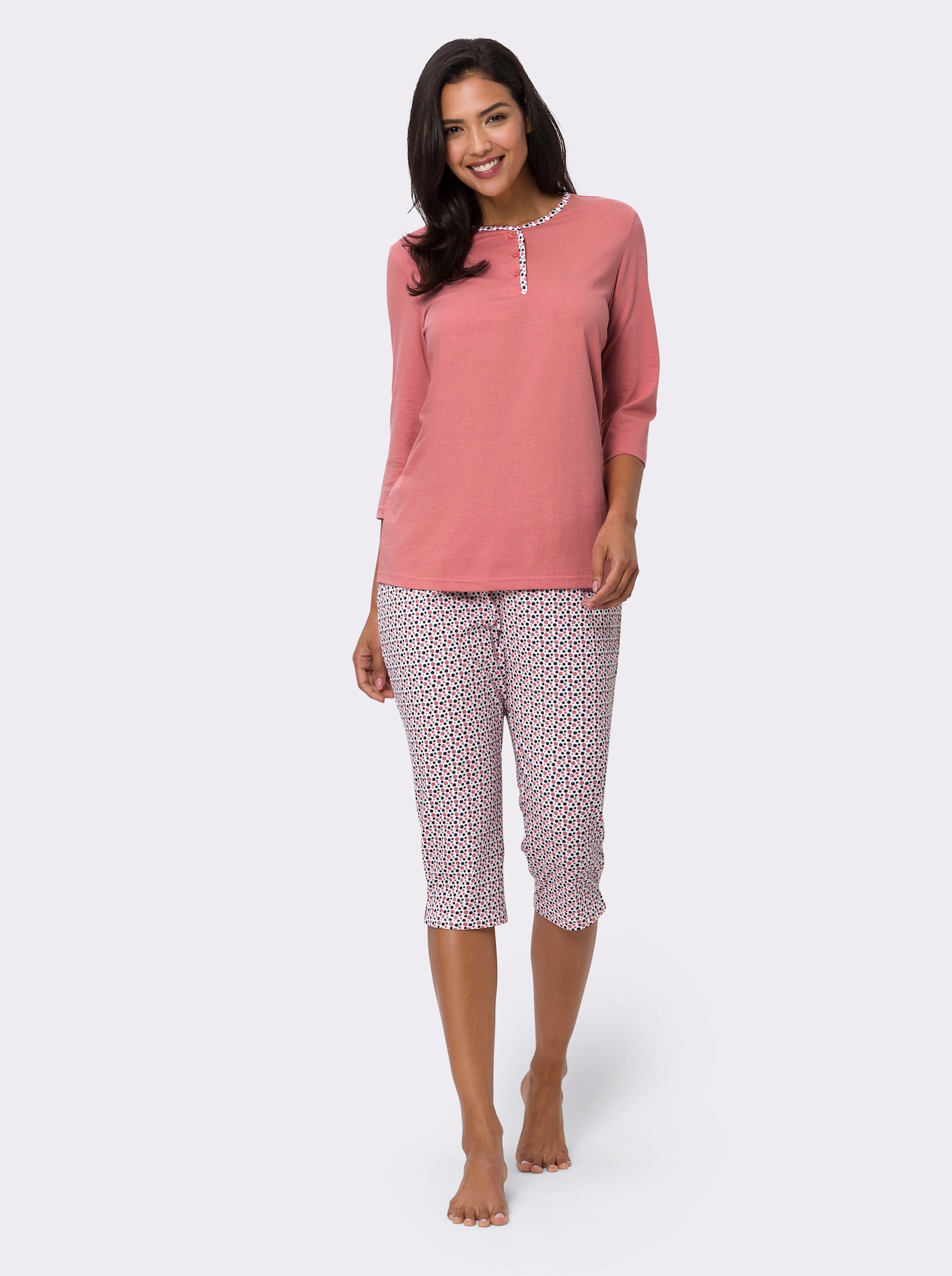 Pyjamas med capribyxa med sprund i sidan - flamingo, med tryck