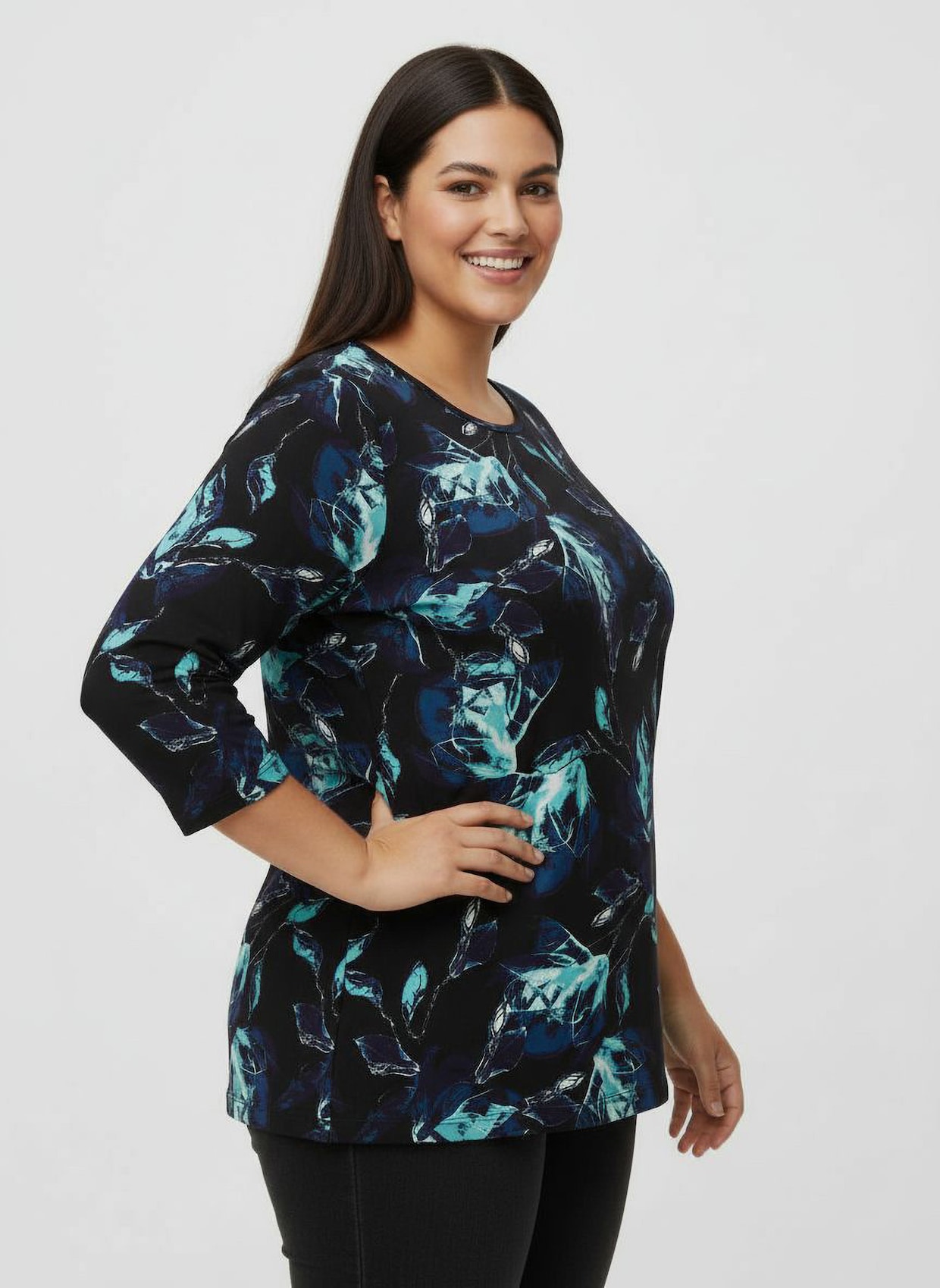 3/4-Arm-Shirt in Viskose-Qualität - schwarz-aquamarin-bedruckt