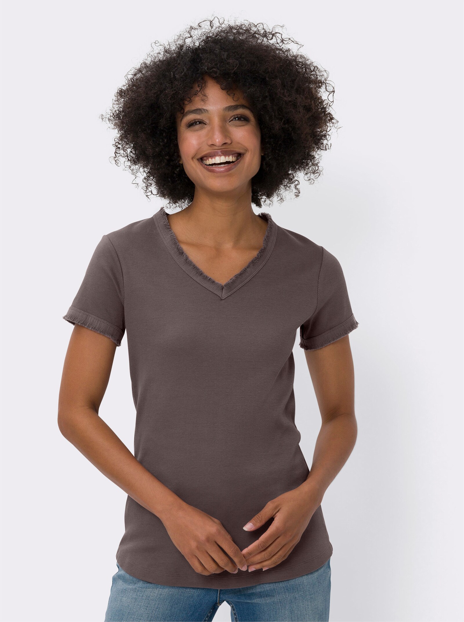 heine V-Shirt mit Fransen-Kante - dunkeltaupe