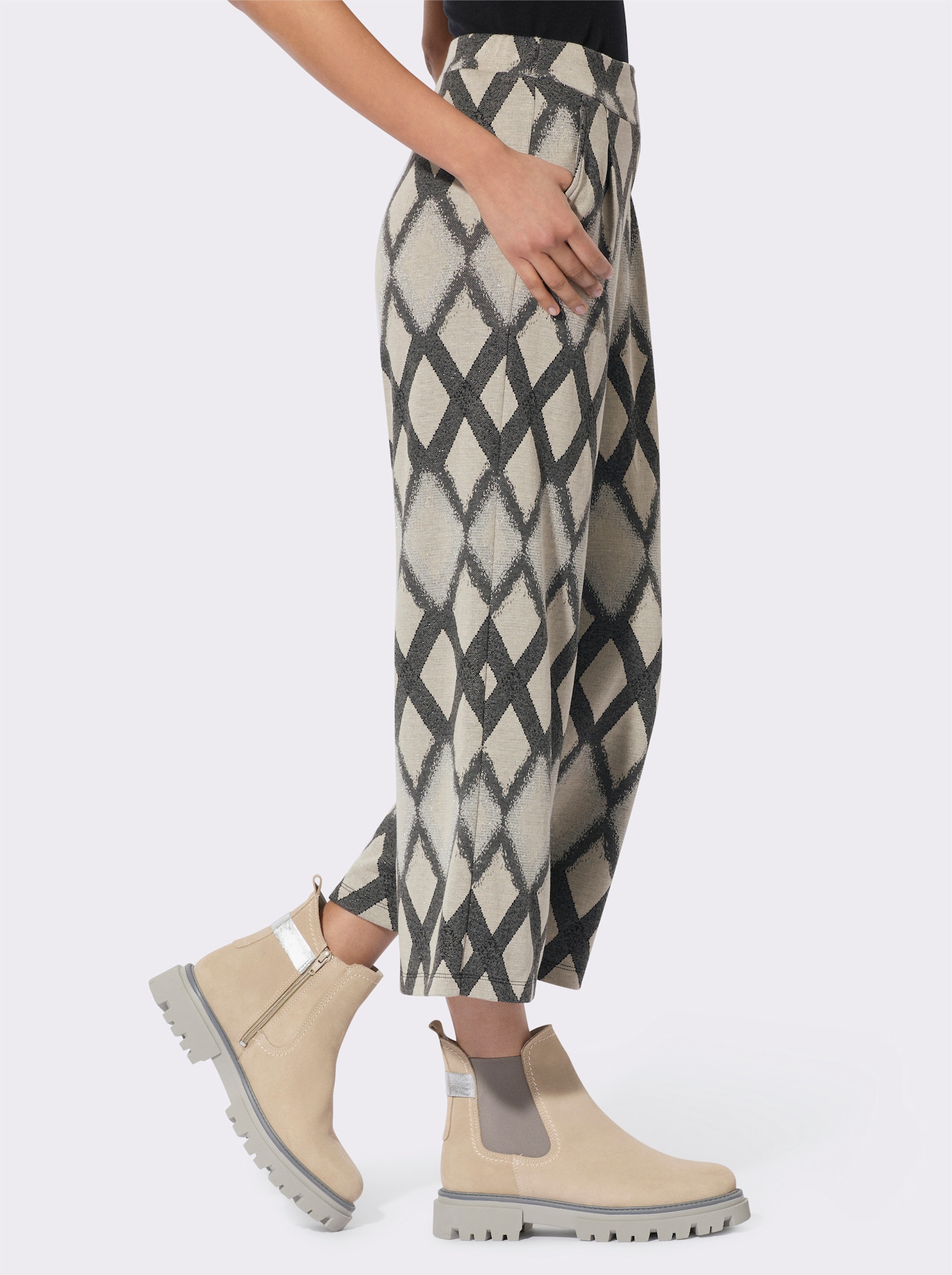 Comfortbroek met jacquardruiten - zand/antraciet gedessineerd