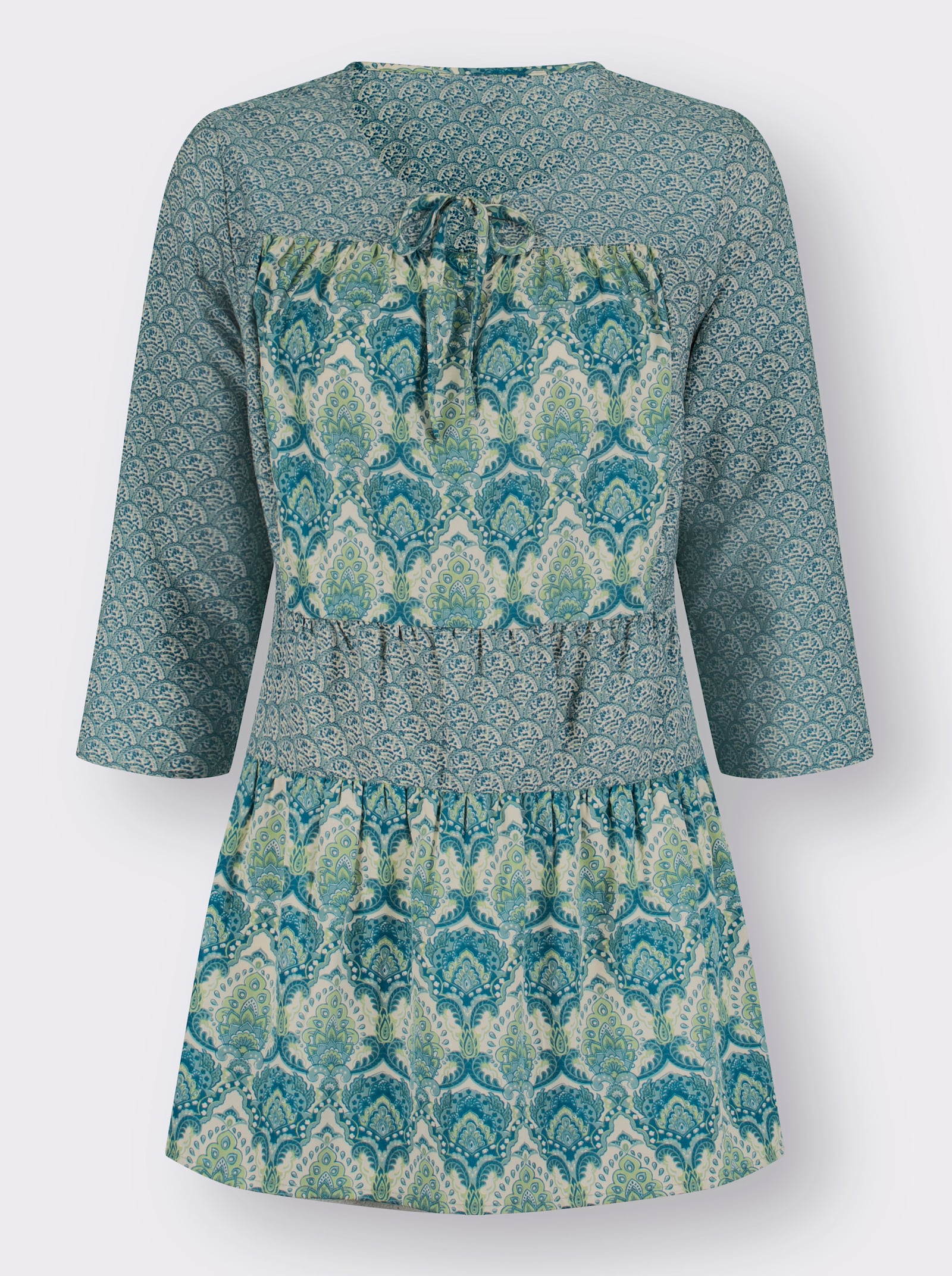Longbluse mit Bindeband am Ausschnitt - eucalyptus-aquapetrol-bedruckt