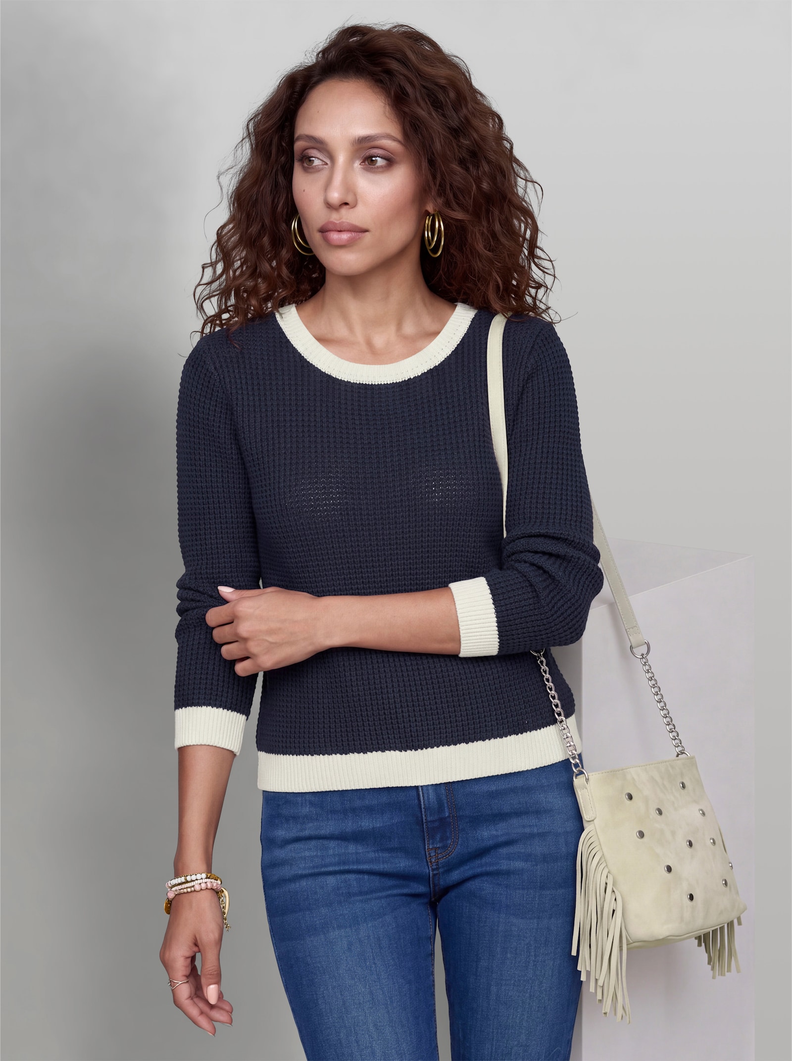 heine Pullover mit Kontrast-Bündchen - marine