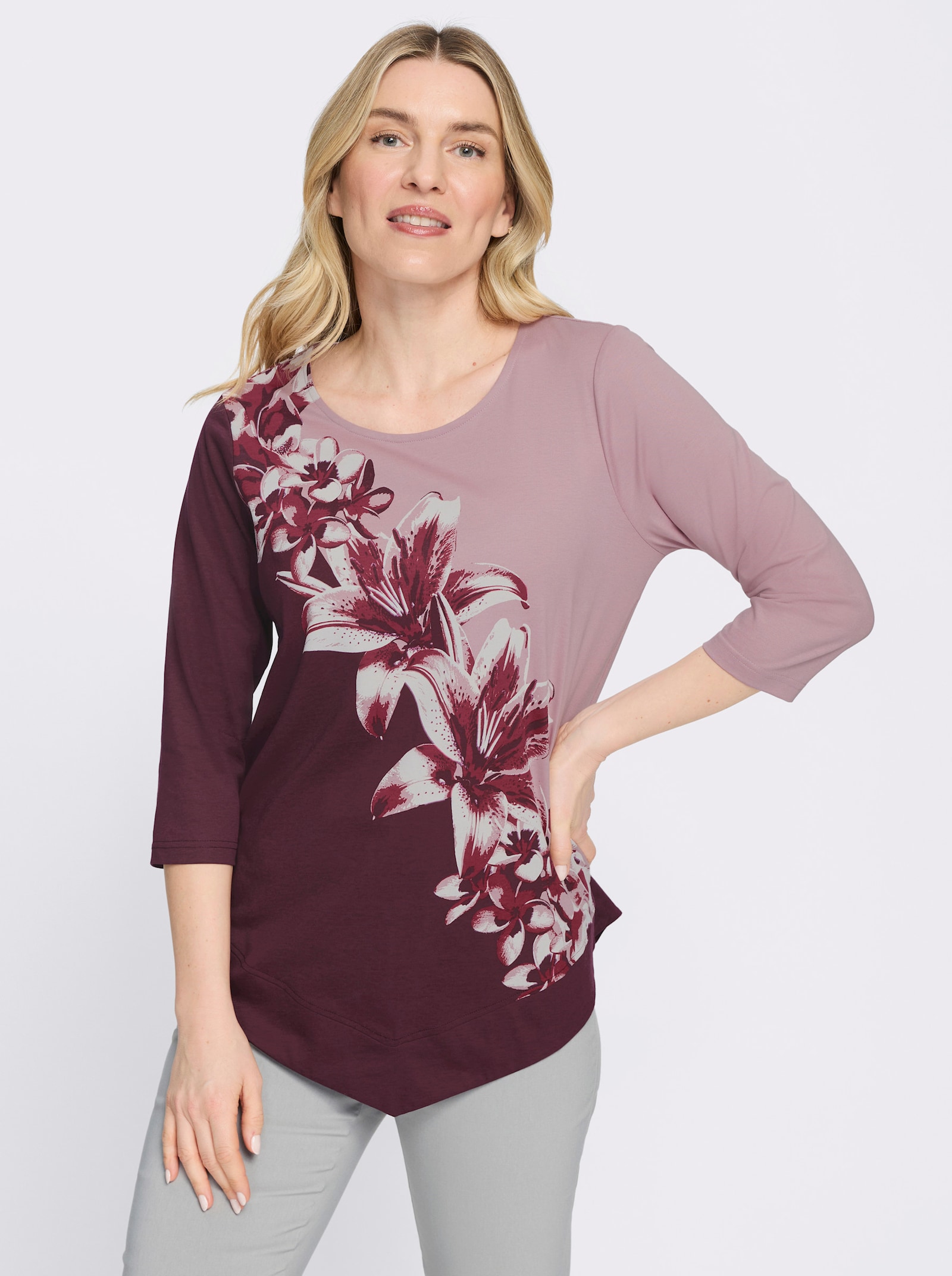 Tunikashirt mit spitz zulaufendem Saum - burgund-mauve-bedruckt