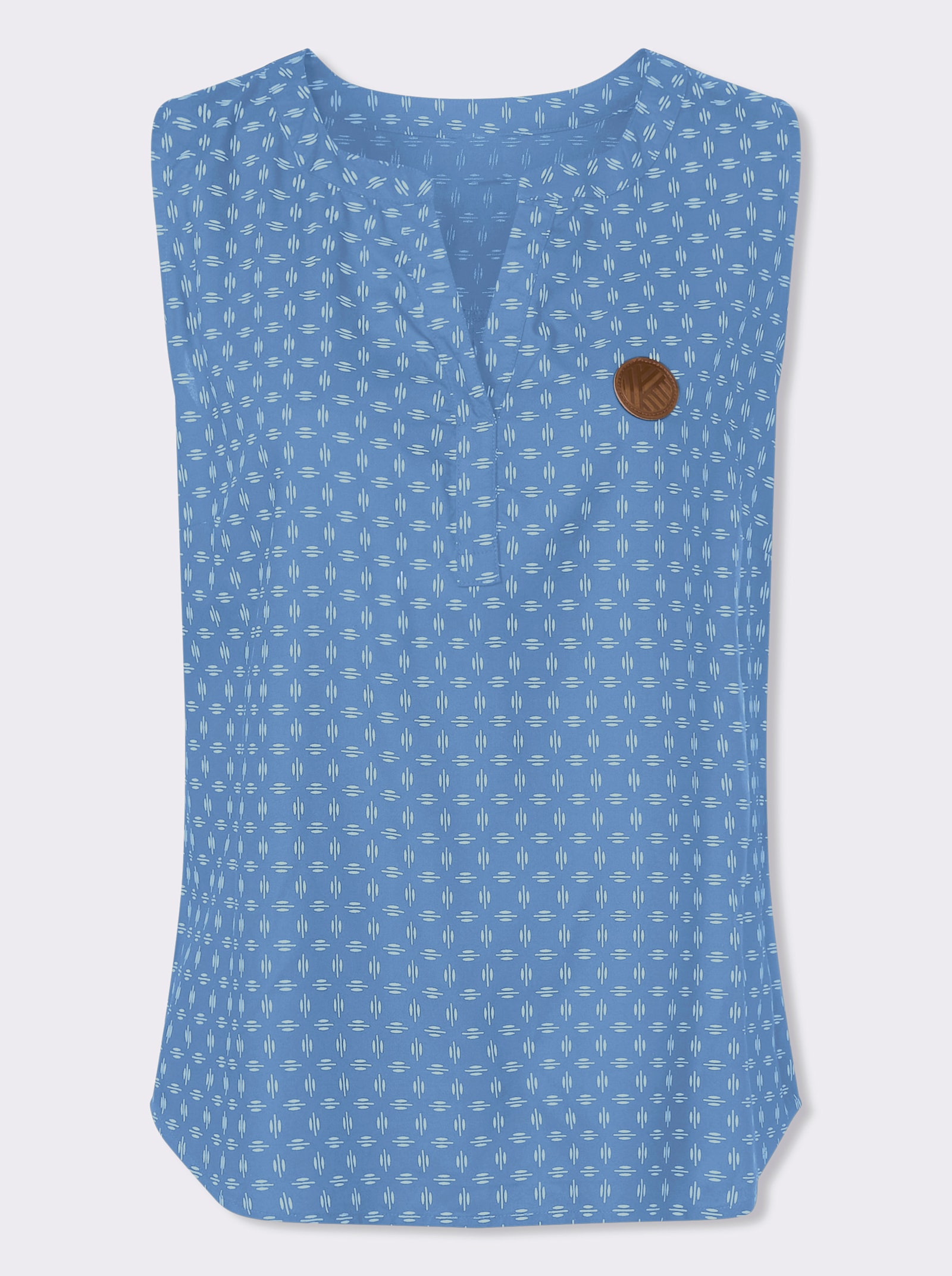 Linne i mjuk, följsam viskos - mellanblå-vit-med tryck