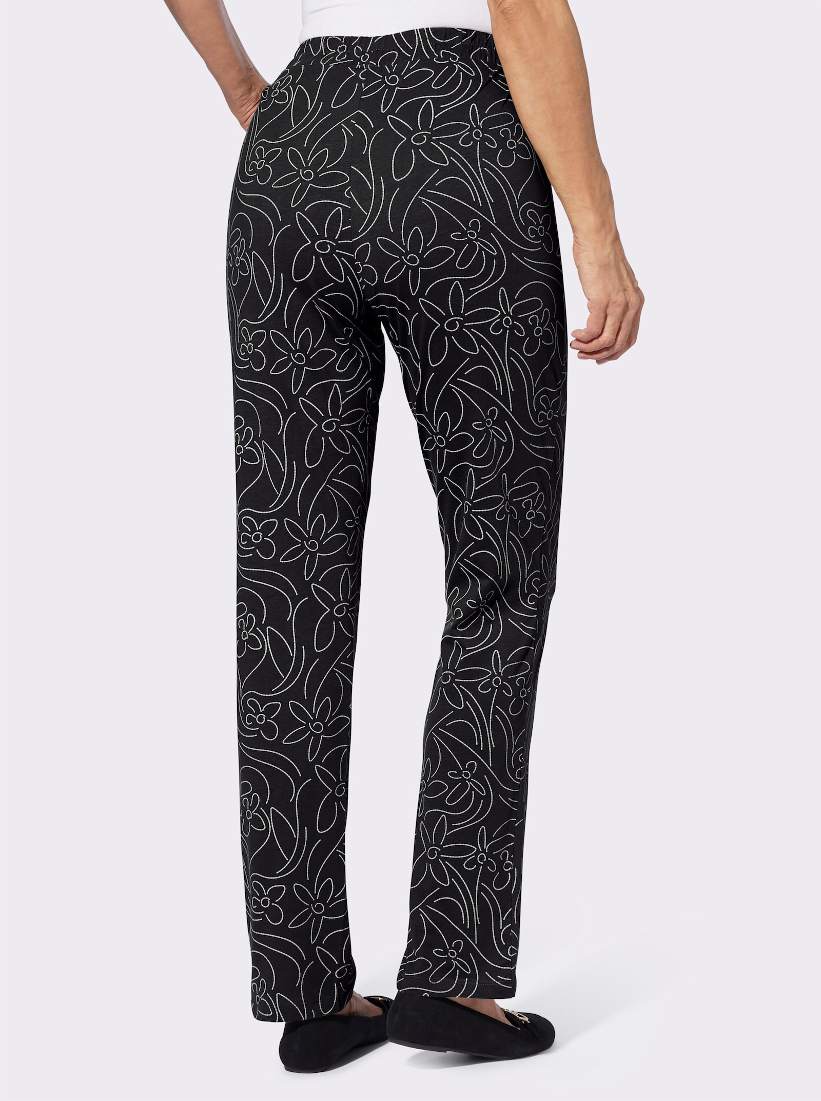 Freizeithose mit Blumen-Druck - schwarz-sand-bedruckt