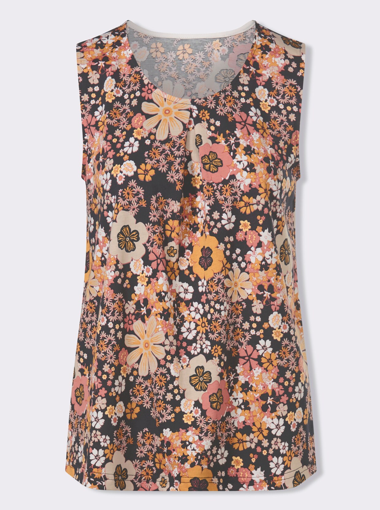 Shirttop floral gemustert - schwarz-papaya-bedruckt